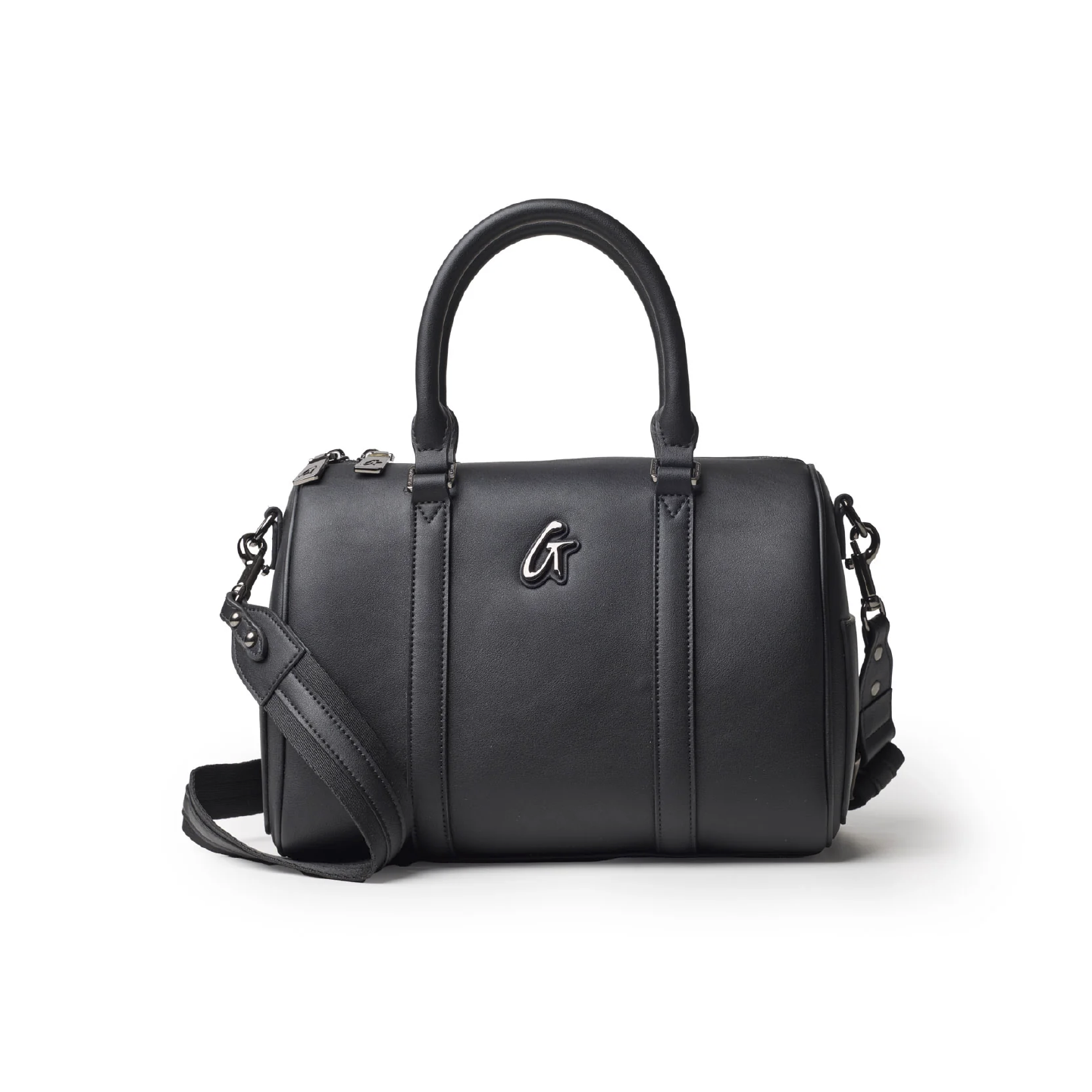 Medium black Boston bag featuring dual handles and a detachable shoulder strap, perfect for stylish everyday use.