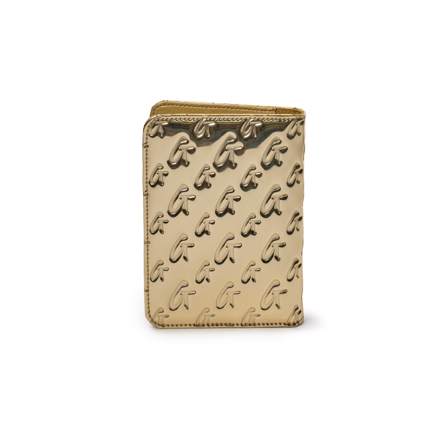 Gold metallic passport holder with embossed monogram G pattern, featuring a sleek, shiny finish and zip closure.