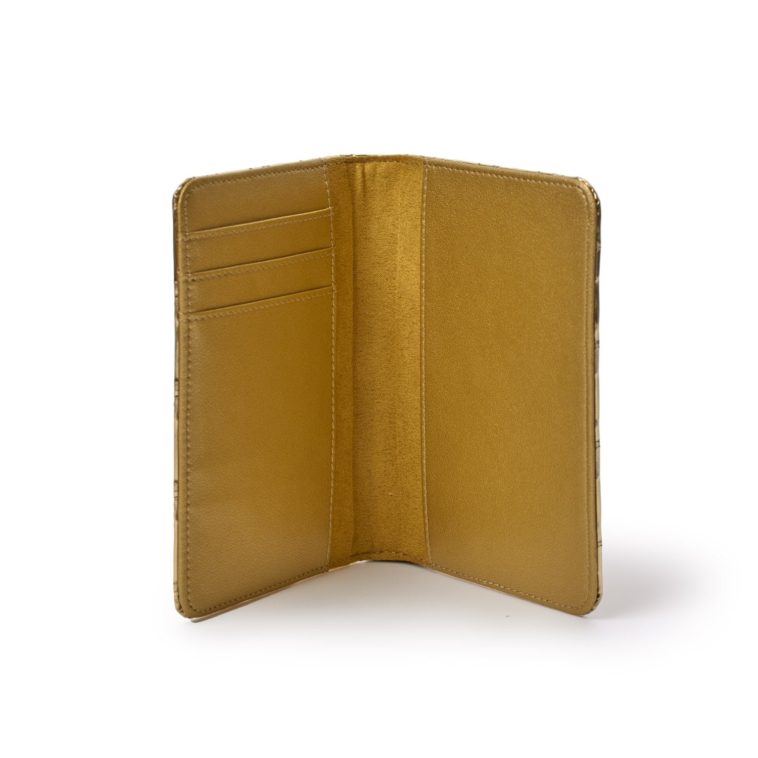 Gold metallic monogram passport holder with interior card slots and a sleek, stylish design.