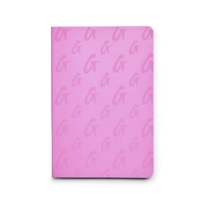 Hot pink monogram notebook featuring a subtle logo pattern, perfect for stylish note-taking and organization.