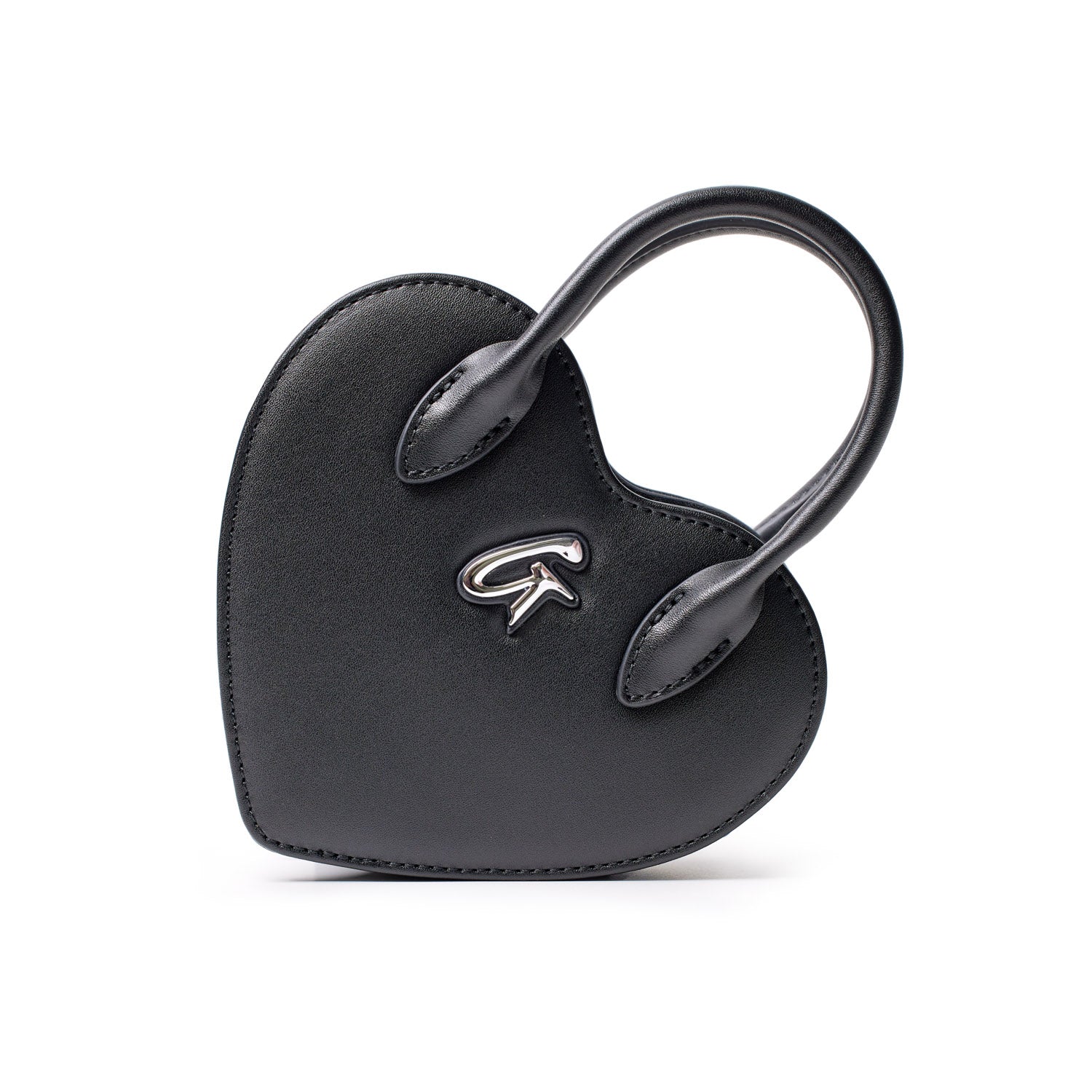 Small black heart-shaped bag with a silver logo, featuring a top handle and sleek, minimalist design.
