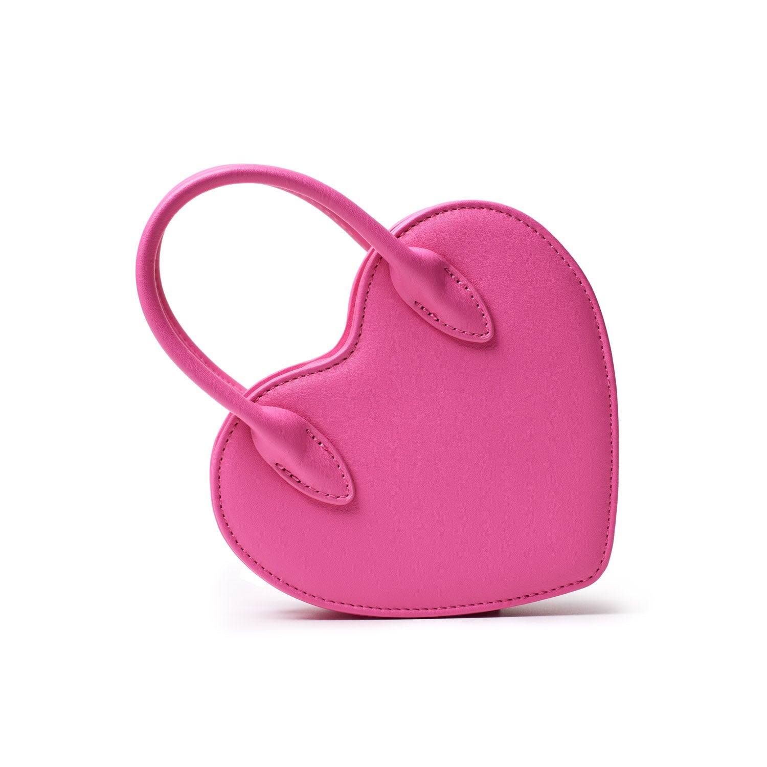 Small pink heart-shaped bag with a curved handle and stitched edges, made of smooth faux leather material.