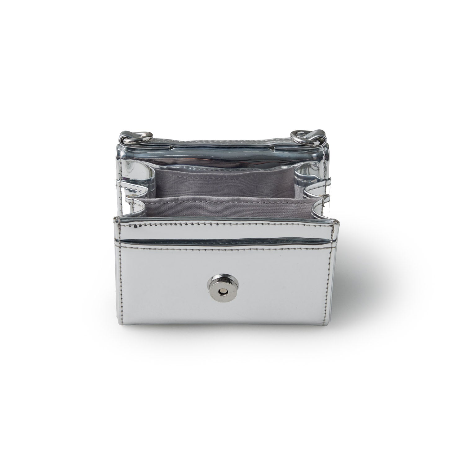 Metallic silver compact bag with multiple compartments and a clear top, designed for organizing small essentials.