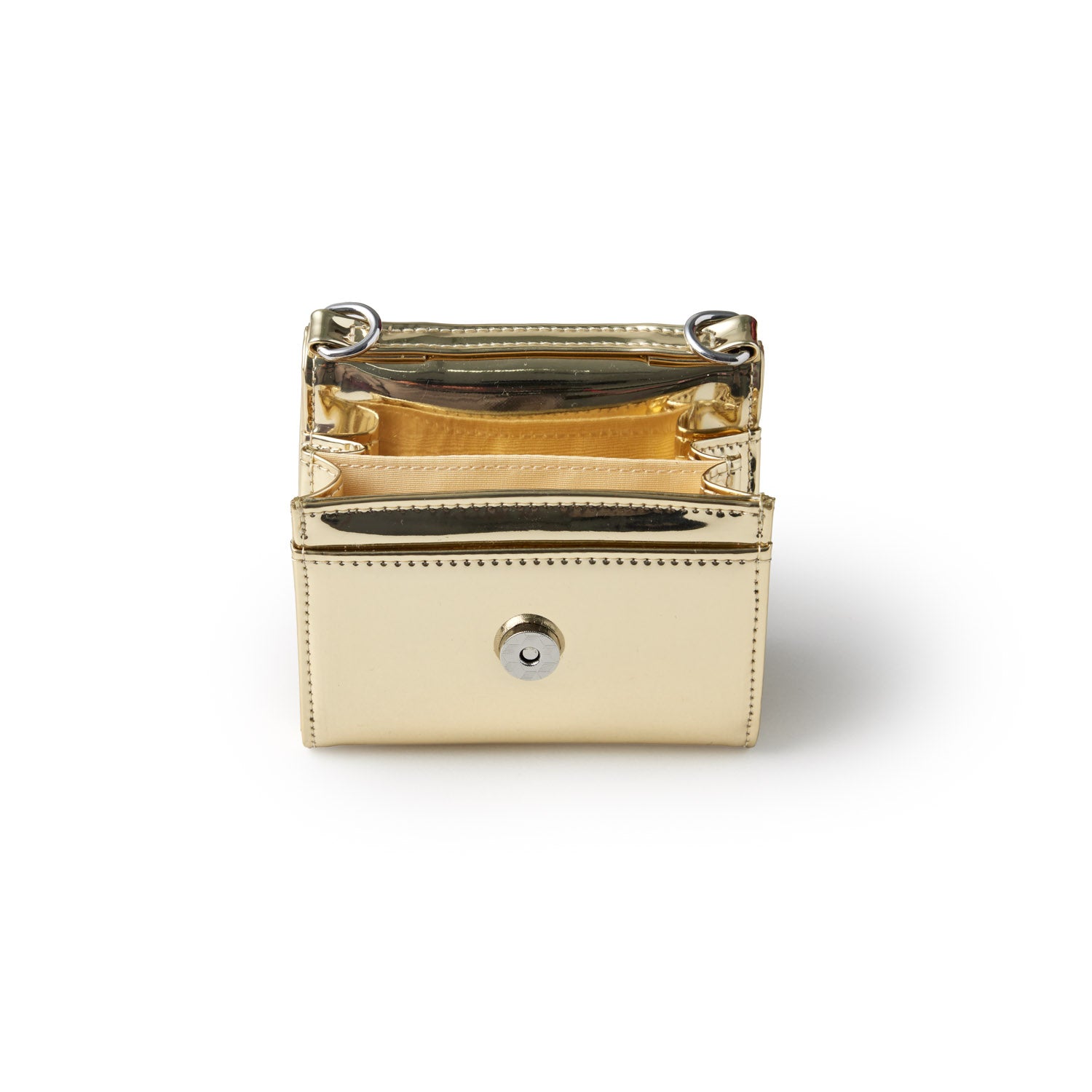 Metallic gold compact wallet with multiple card slots and a snap button closure, featuring a shiny, reflective surface.