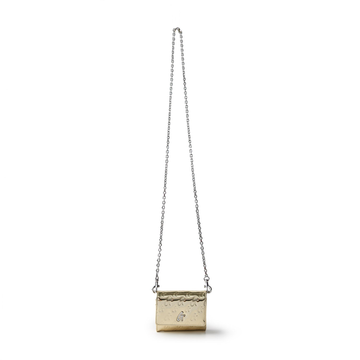 Metallic gold monogram compact wallet with a chain strap, featuring a textured surface and a small logo on the front.