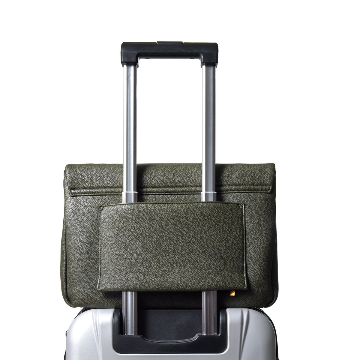 Large olive green pebble flap bag with a front pocket, attached to a silver suitcase handle.