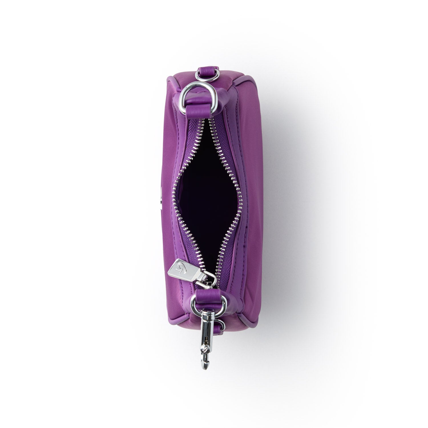 Top view of a purple nano nylon hobo bag featuring a zippered opening and silver hardware accents.