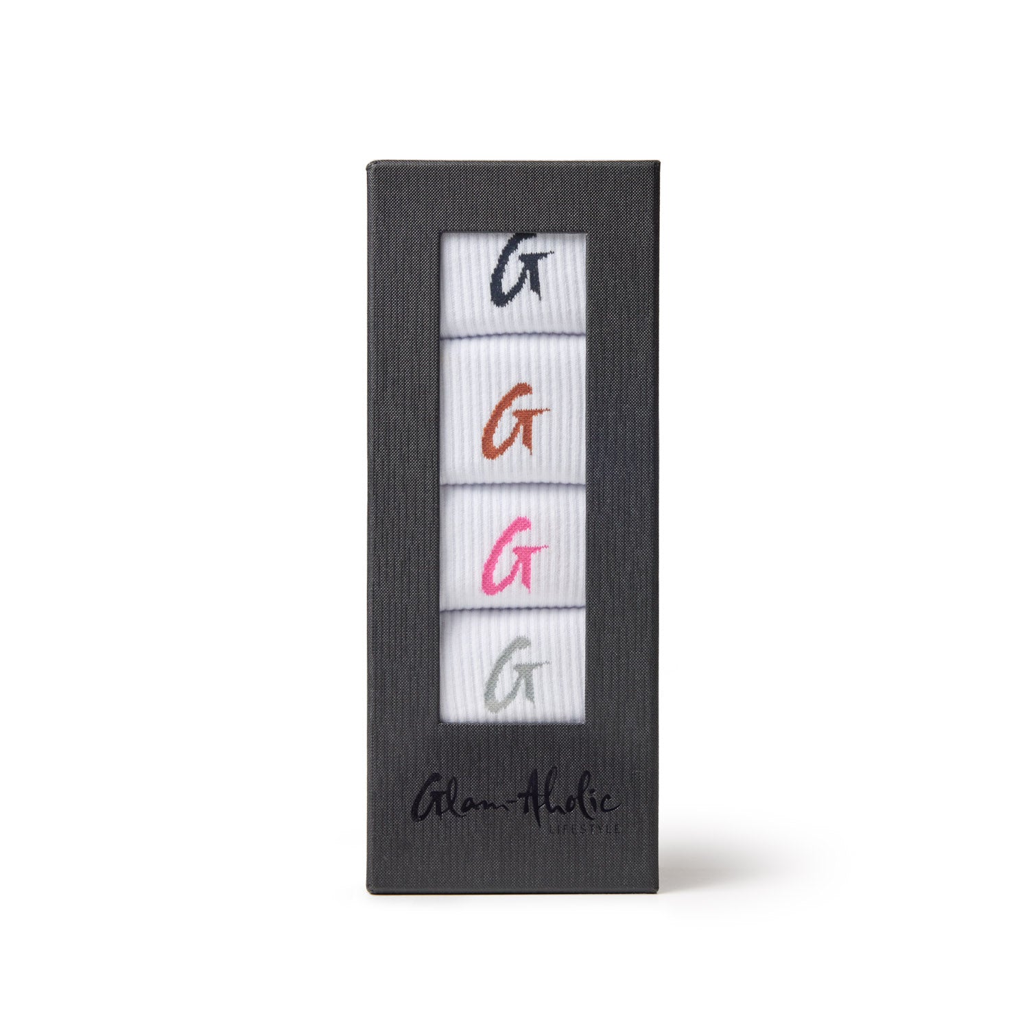 Set of four crew socks in white with colorful embroidered "G" logos in black, orange, pink, and gray, packaged in a black box.