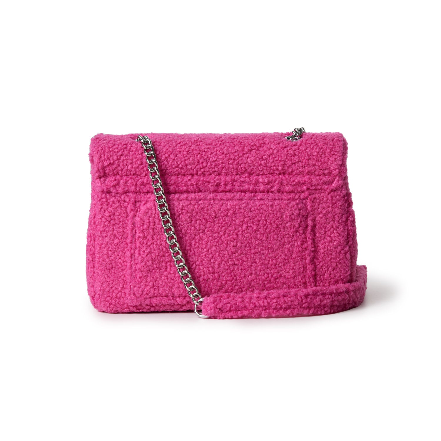 Medium hot pink teddy flap bag with a silver chain strap, soft textured plush exterior, and a flap closure.