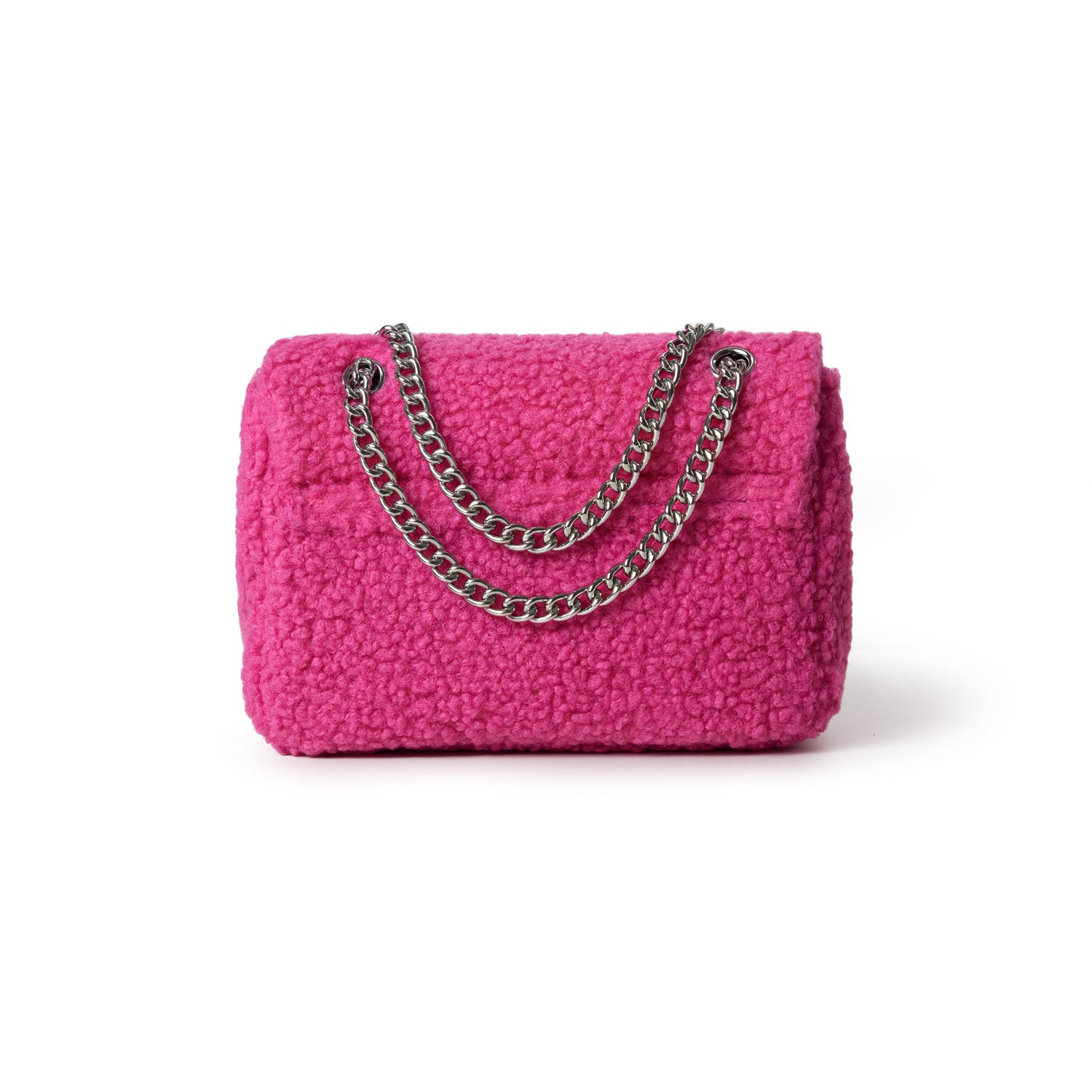 Mini teddy flap bag in hot pink with a textured fabric finish and silver chain strap.