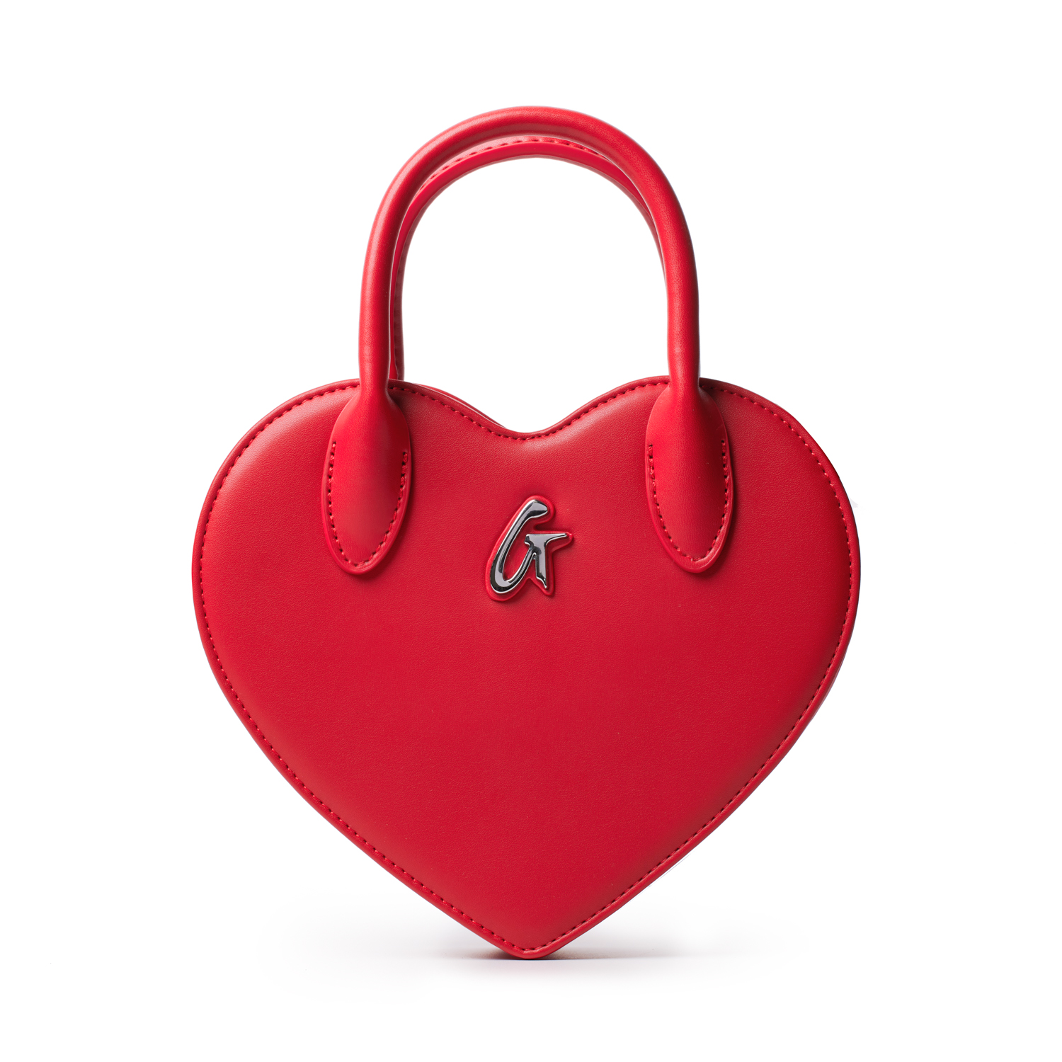 Red heart-shaped handbag with a sleek design and top handles, featuring a stylish logo detail. Perfect for a chic look.