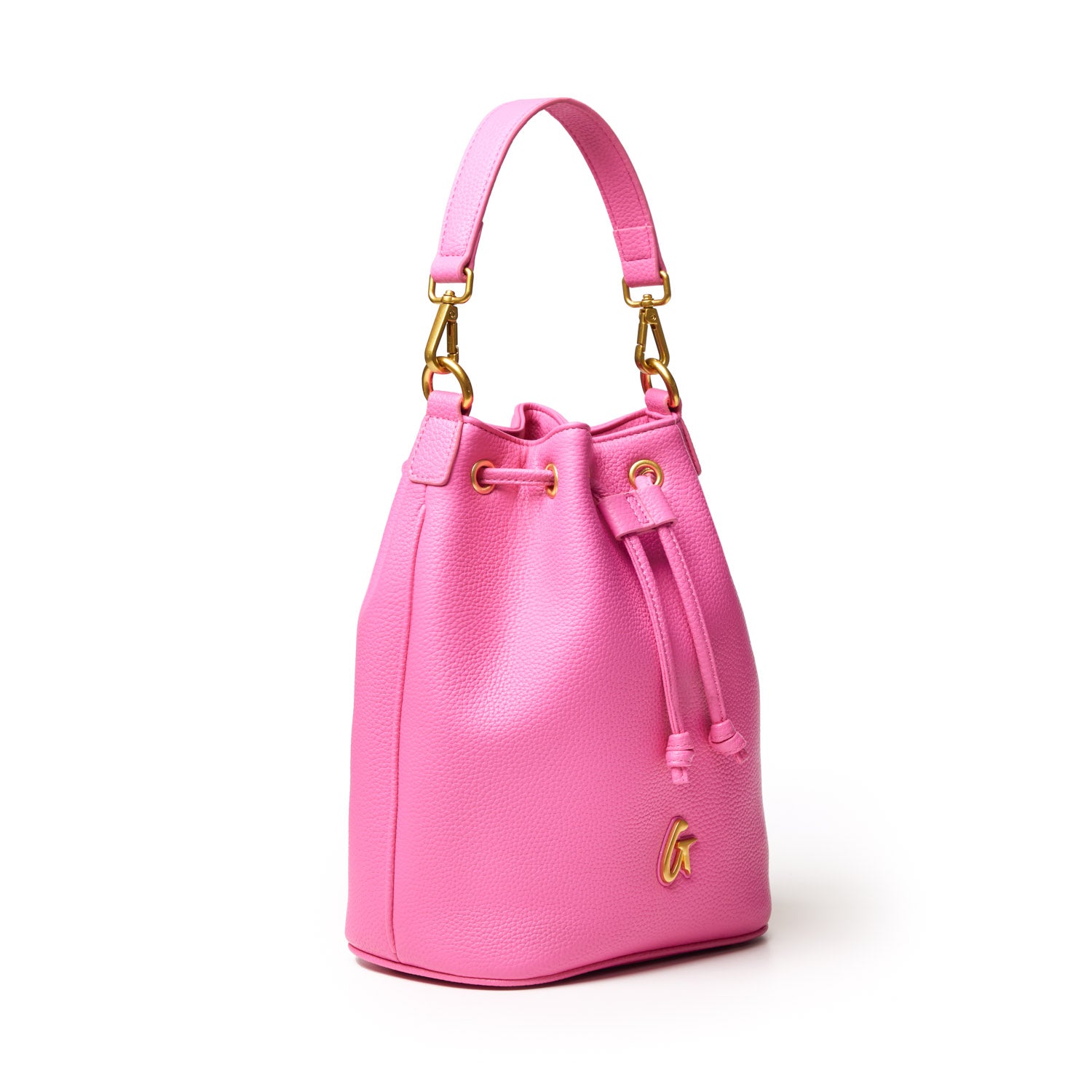 Medium pebble bucket bag in vibrant hot pink with gold hardware, adjustable strap, and drawstring closure.