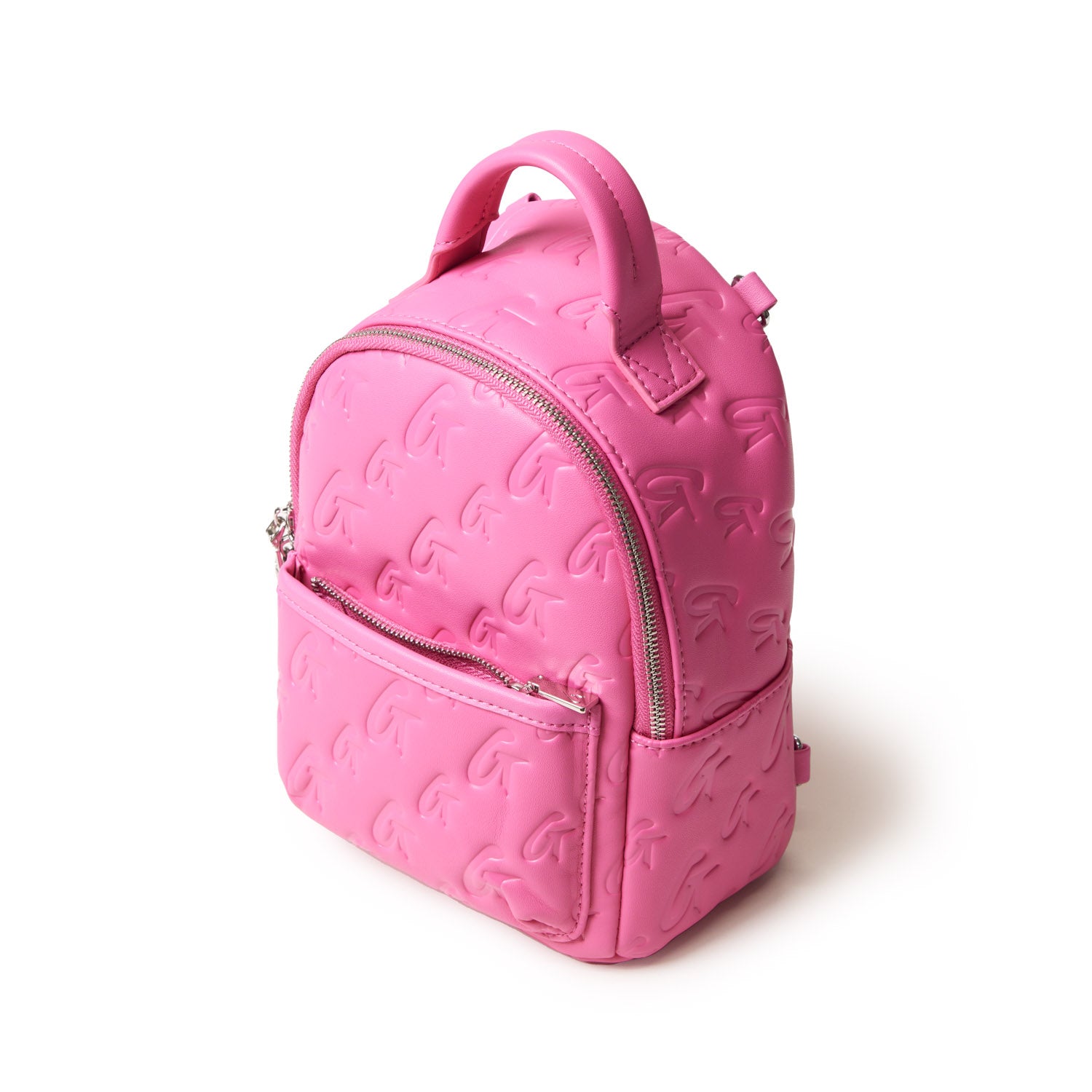 Mini pink backpack with embossed monogram pattern, front zip pocket, top handle, and adjustable straps.