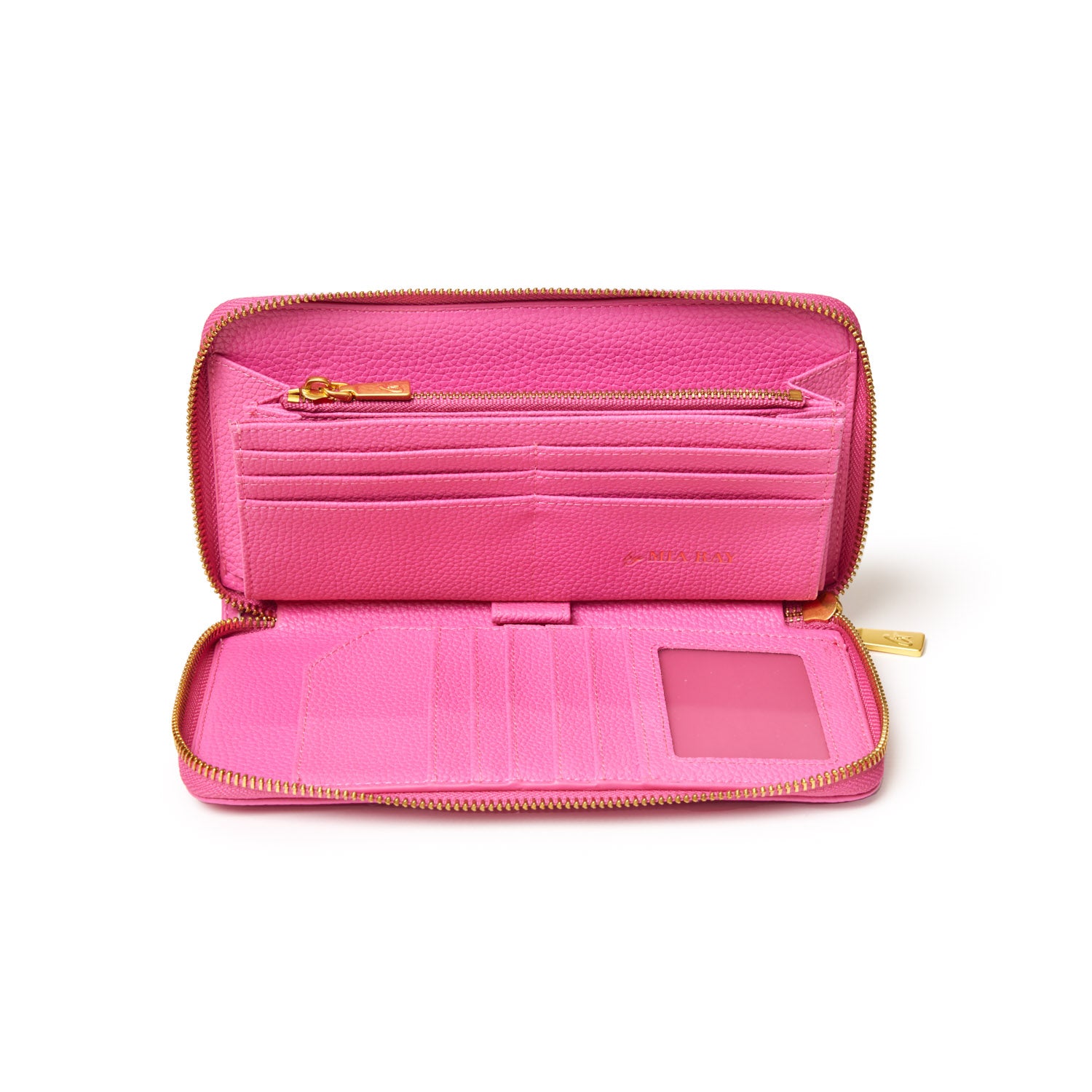 Open pink wallet with multiple card slots, a zippered coin pocket, and a clear ID window, featuring a gold zipper and accents.