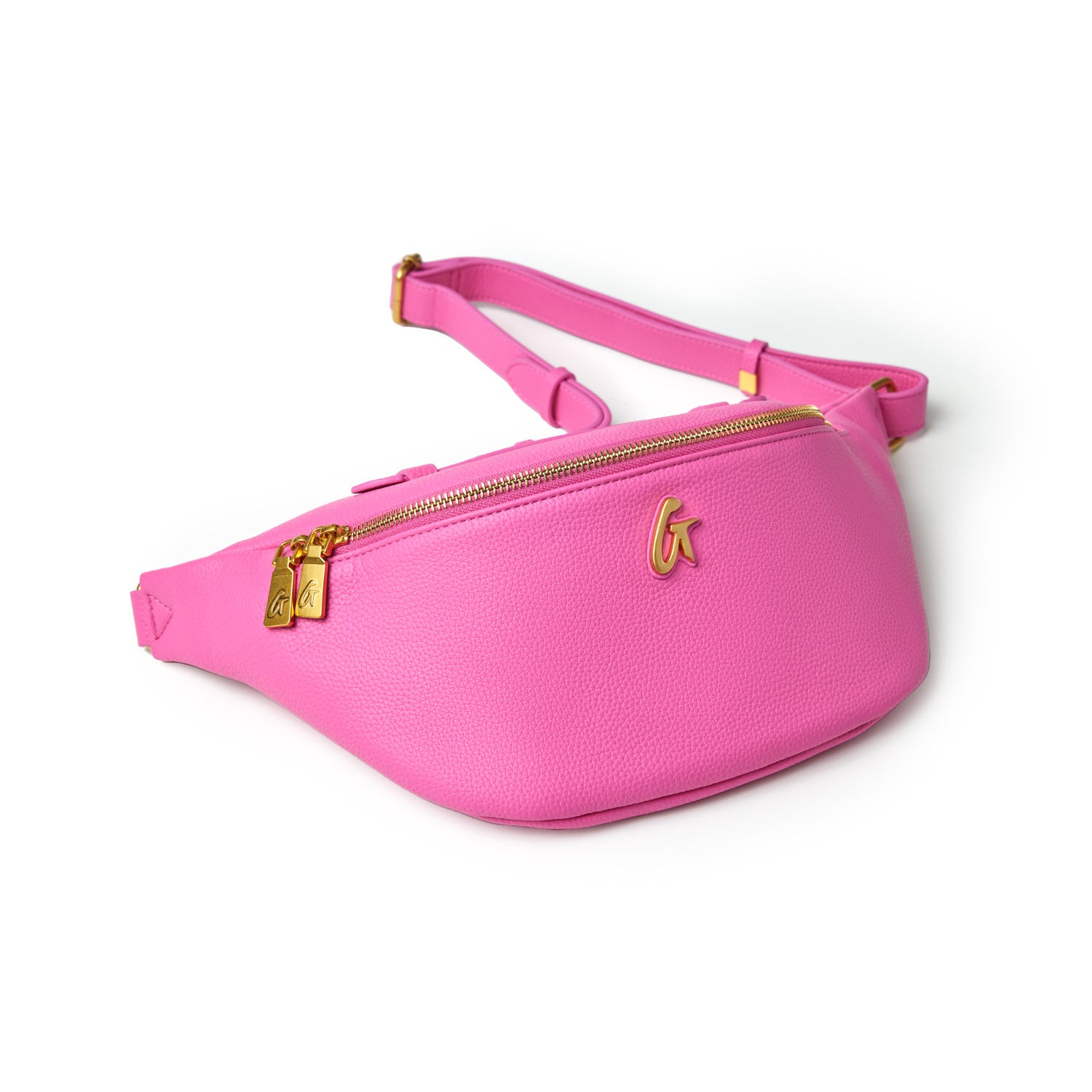 Pink Pebble Fanny Pack with gold zipper and logo, adjustable strap, designed for stylish, hands-free convenience.