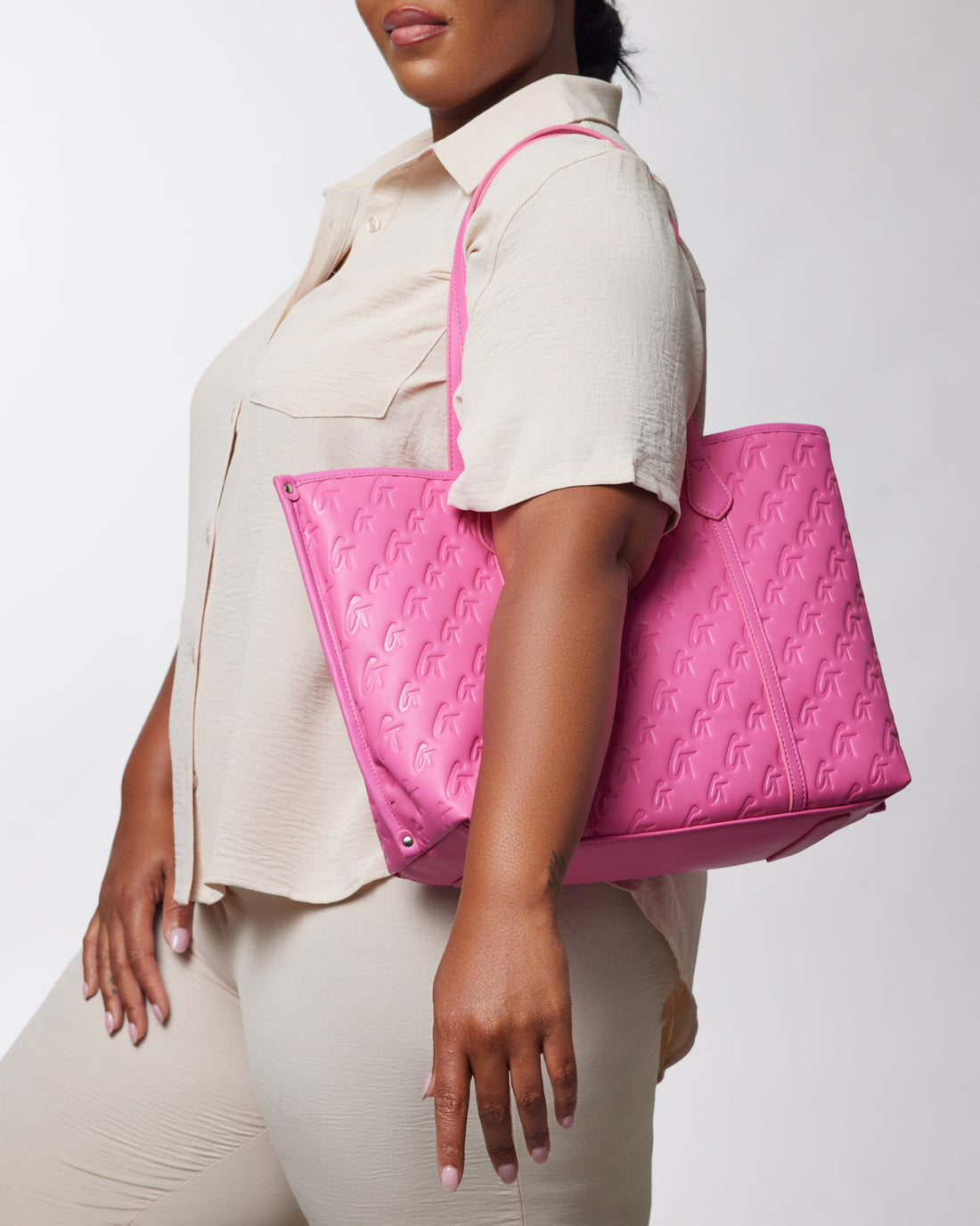 White and hot pink I love me organic denim tote bag. main image 0
