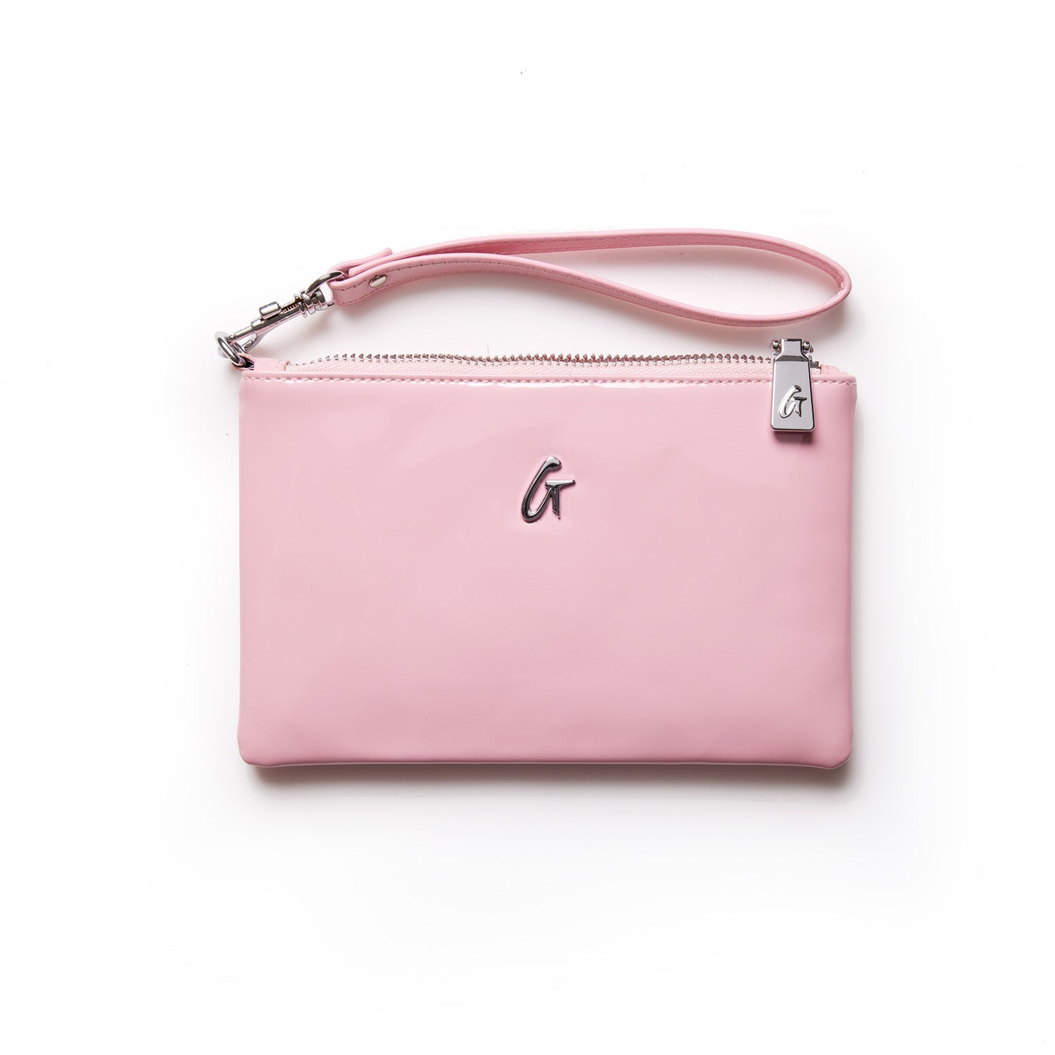 Mini silver wristlet with a mirror pink finish, featuring a silver "G" logo and a matching pink strap.