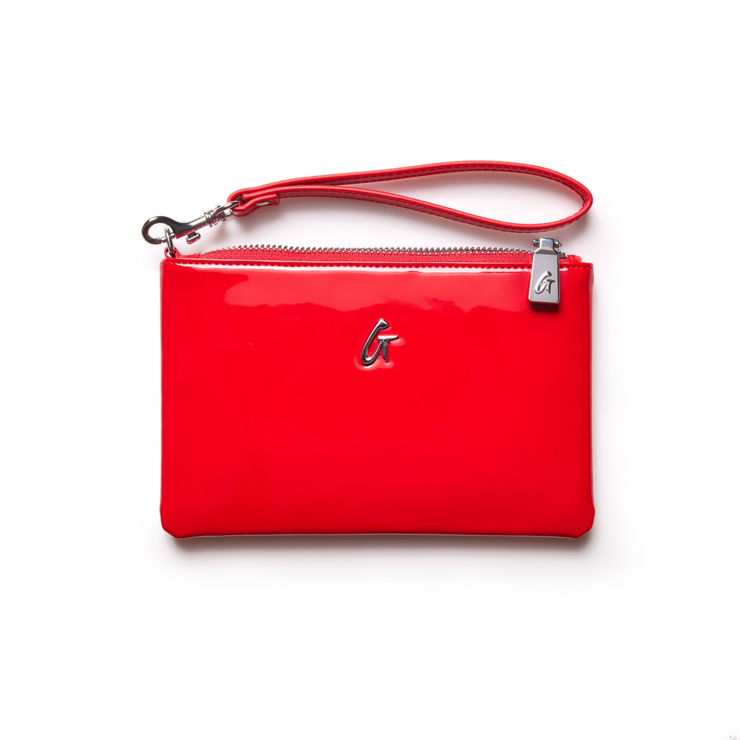 Mini silver wristlet with a mirror red finish, featuring a silver logo and a wrist strap, on a white background.