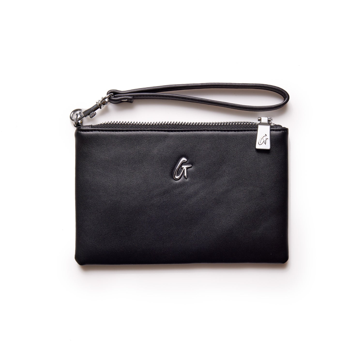 Mini black wristlet with silver logo and zipper, featuring a detachable strap for versatile use.