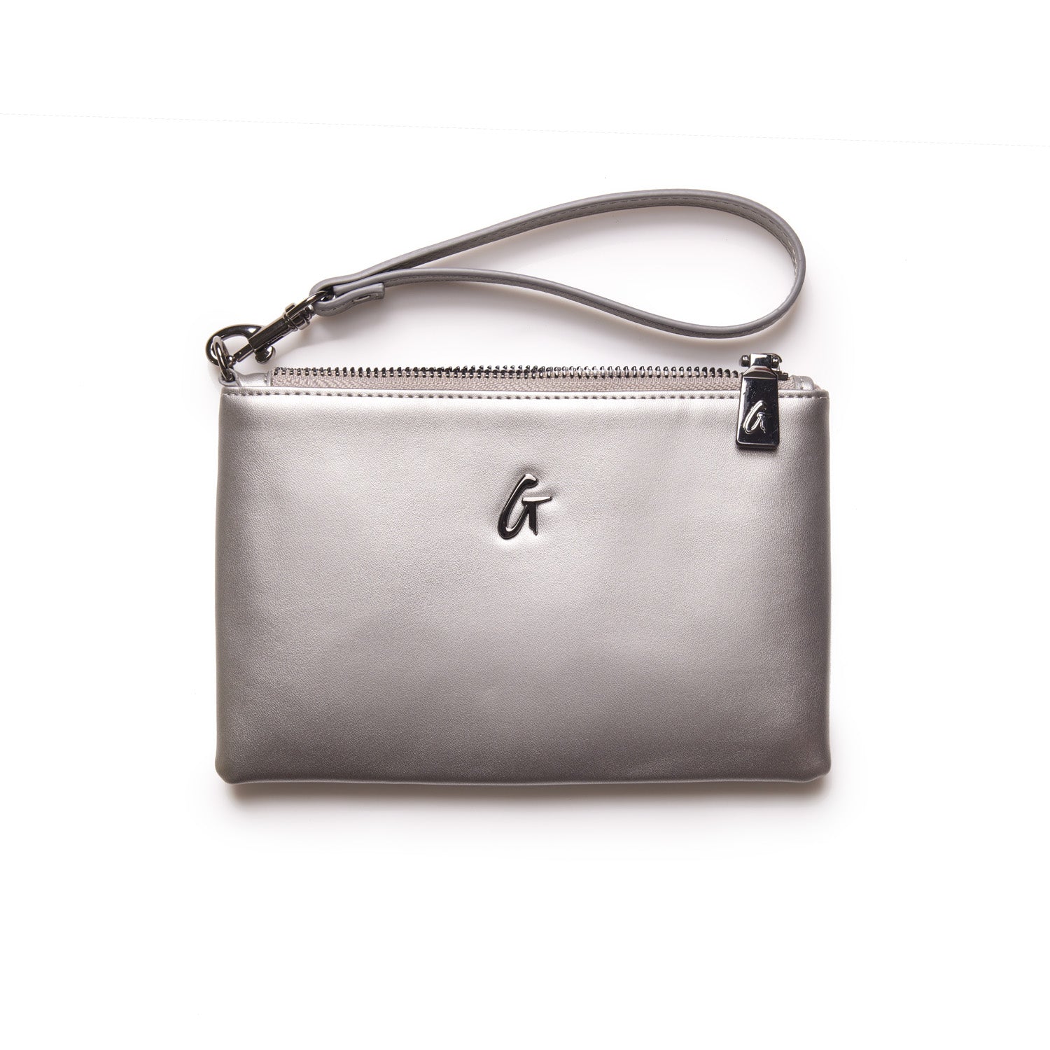 Mini silver gunmetal wristlet with a zipper closure, featuring a small "G" logo and a matching wrist strap.