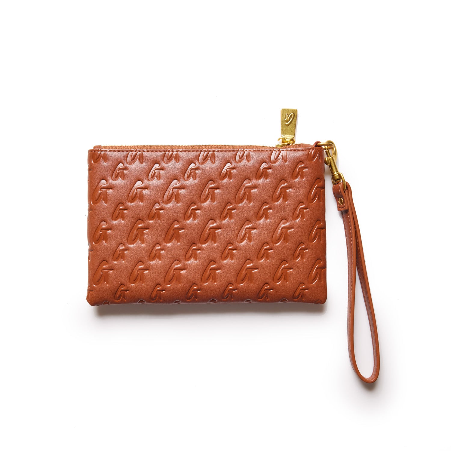 Brown mini monogram gold wristlet with embossed G pattern and a wrist strap, featuring a gold zipper and logo tag.