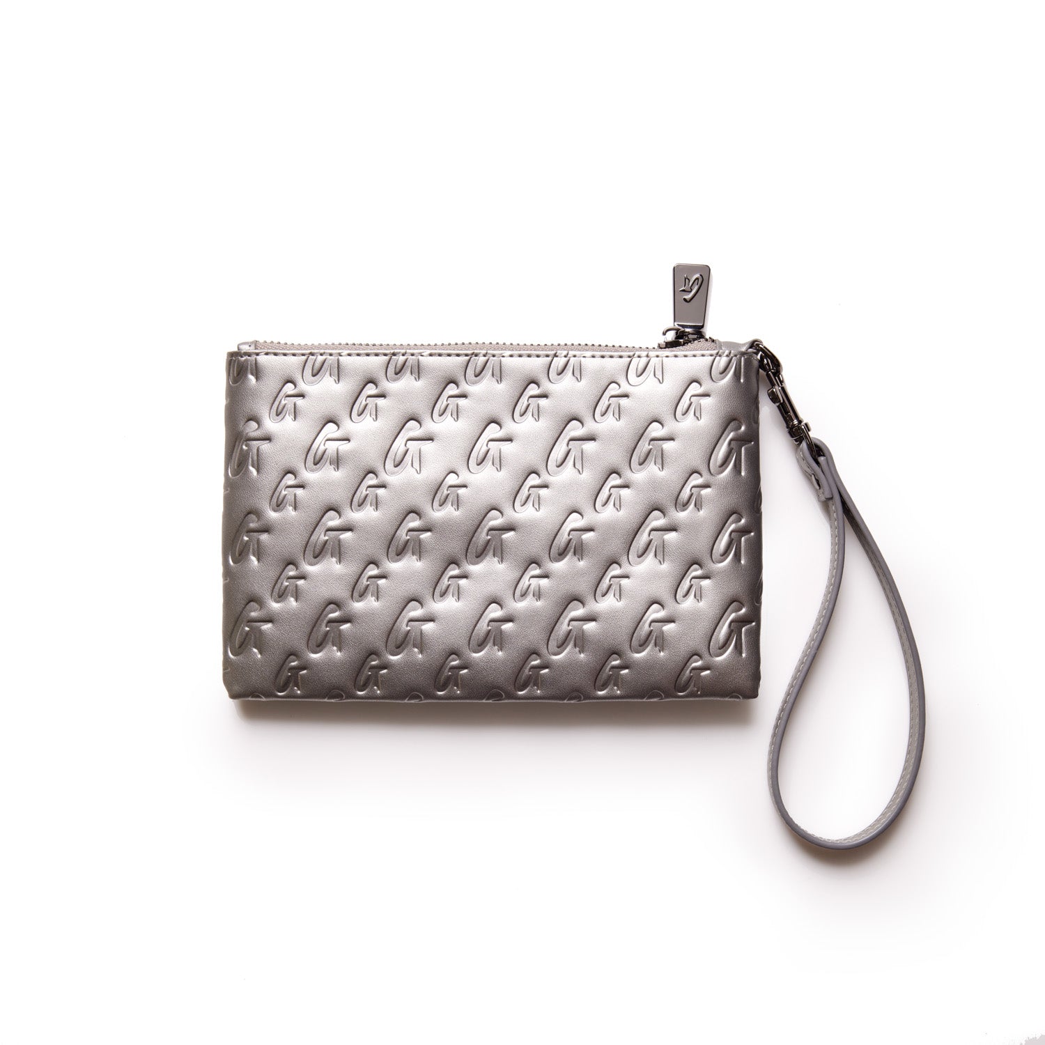 Mini Monogram Gunmetal Wristlet in platinum color with embossed G pattern and wrist strap, stylish and compact accessory.