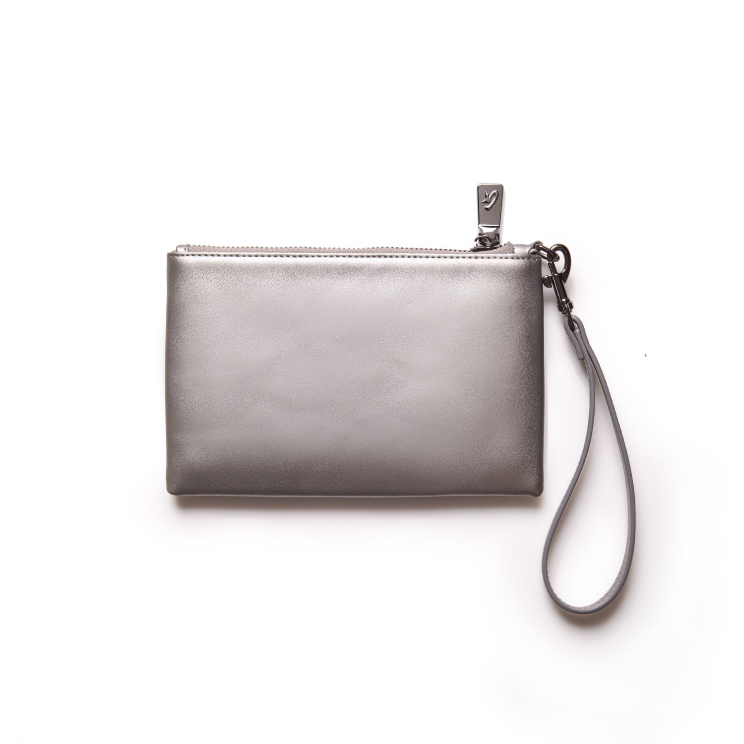 Mini metallic gunmetal wristlet with a zipper closure and attached strap, labeled "Platinum" for a sleek, modern look.