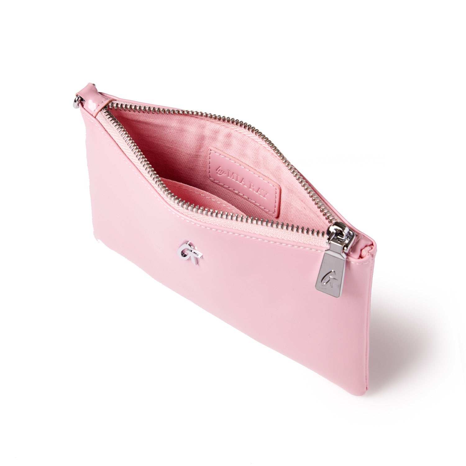 Mini silver wristlet in mirror pink with a zipper closure, interior pocket, and silver hardware.
