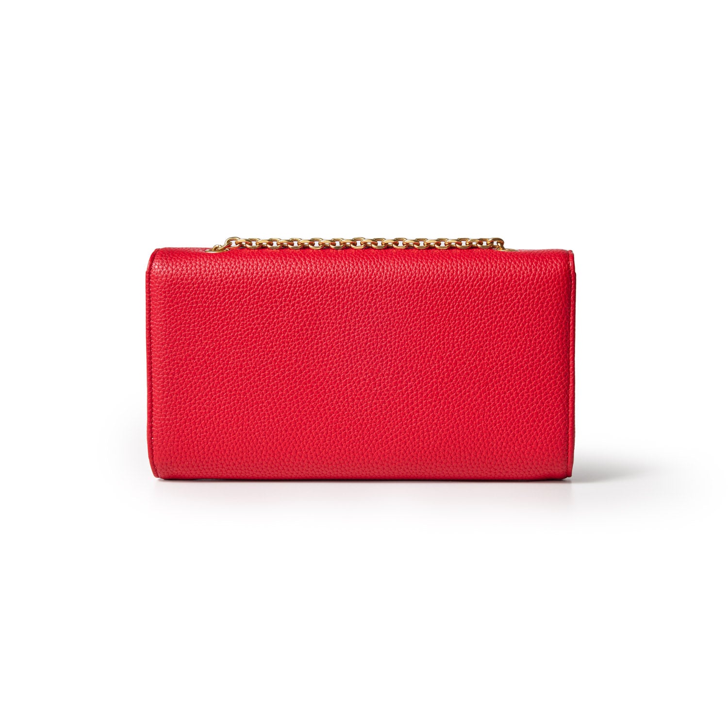 Red Pebble Travel Wallet with a gold chain strap, designed for travel essentials and style.