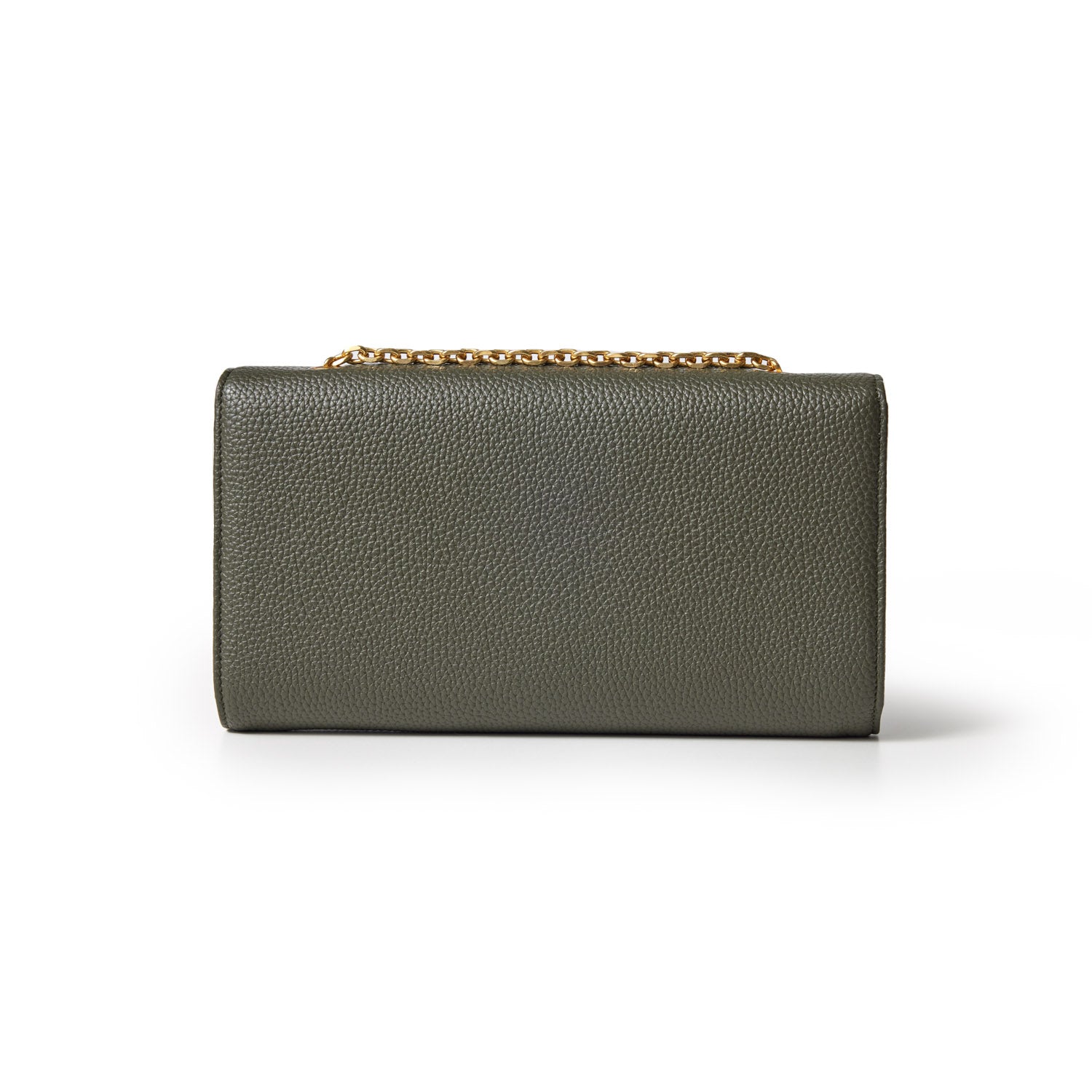 Olive green Pebble Travel Wallet with a textured leather finish and a gold chain handle, designed for travel essentials.