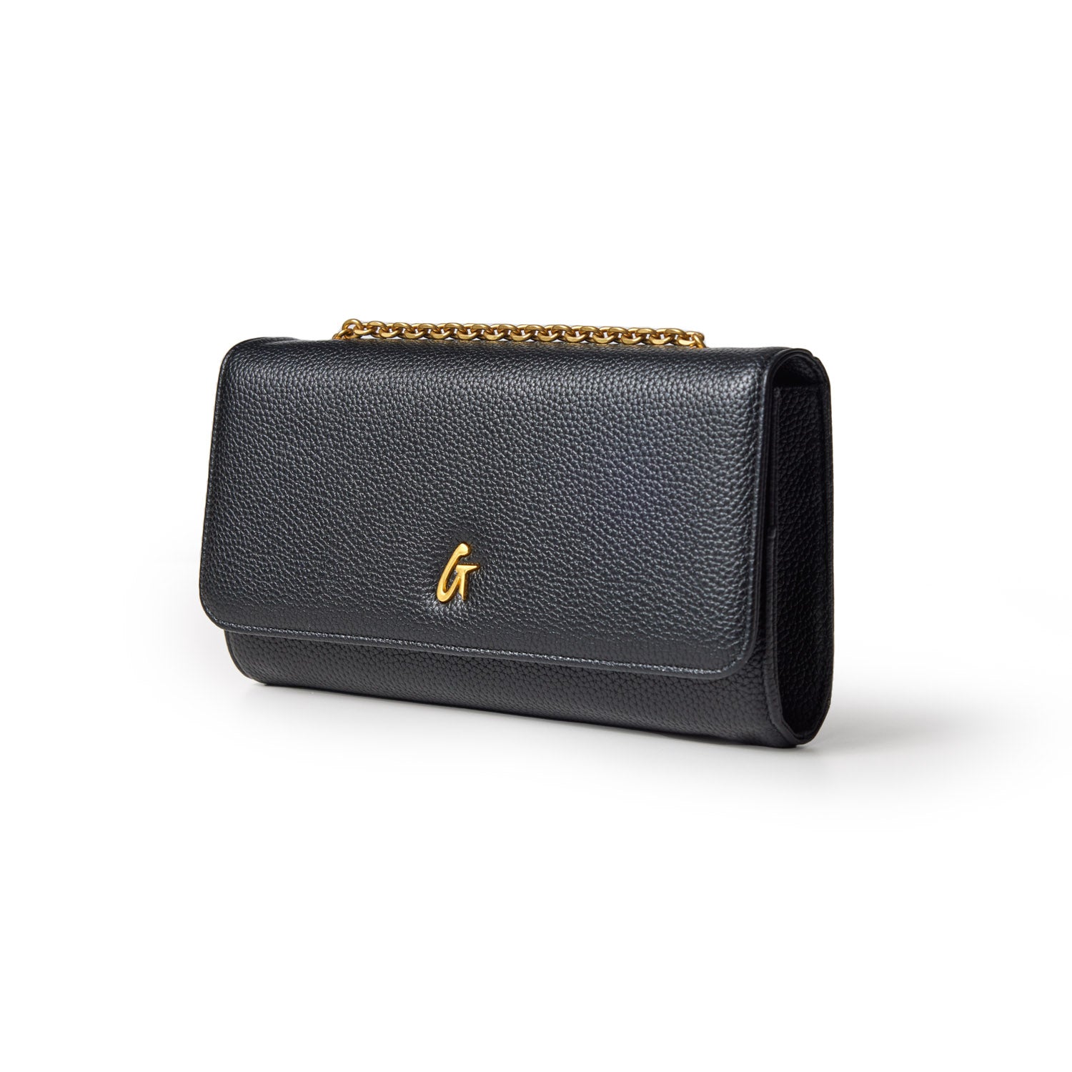Black Pebble Travel Wallet with a gold chain handle and a gold "G" logo on the front.