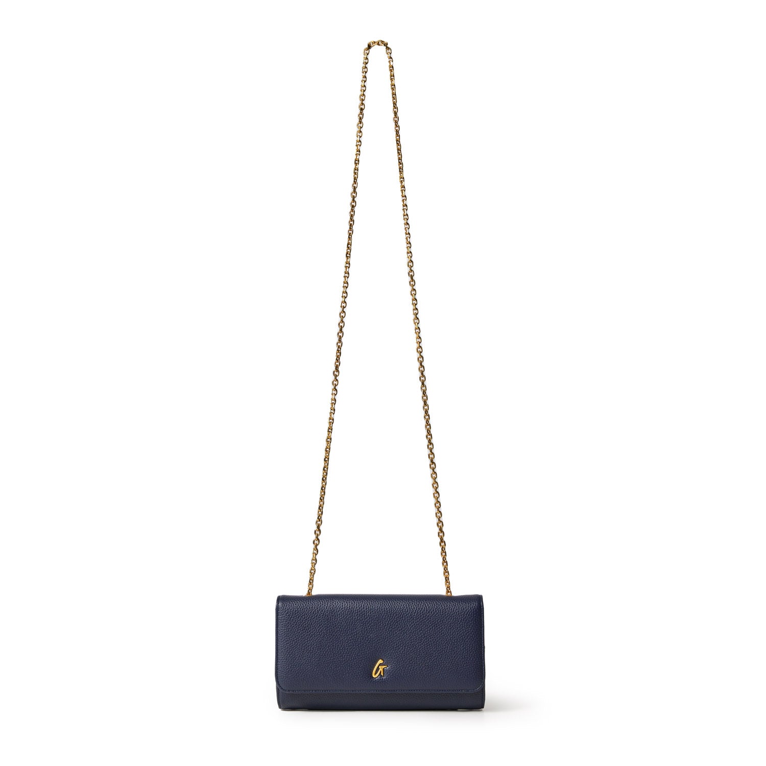 Navy Pebble Travel Wallet on Chain with gold chain strap and small gold logo, designed for travel and everyday use.