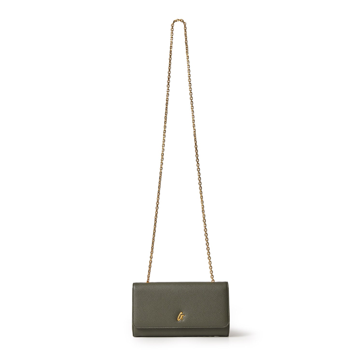 Olive green Pebble Travel Wallet on Chain (WOC) with a gold chain and logo, designed for travel and everyday use.
