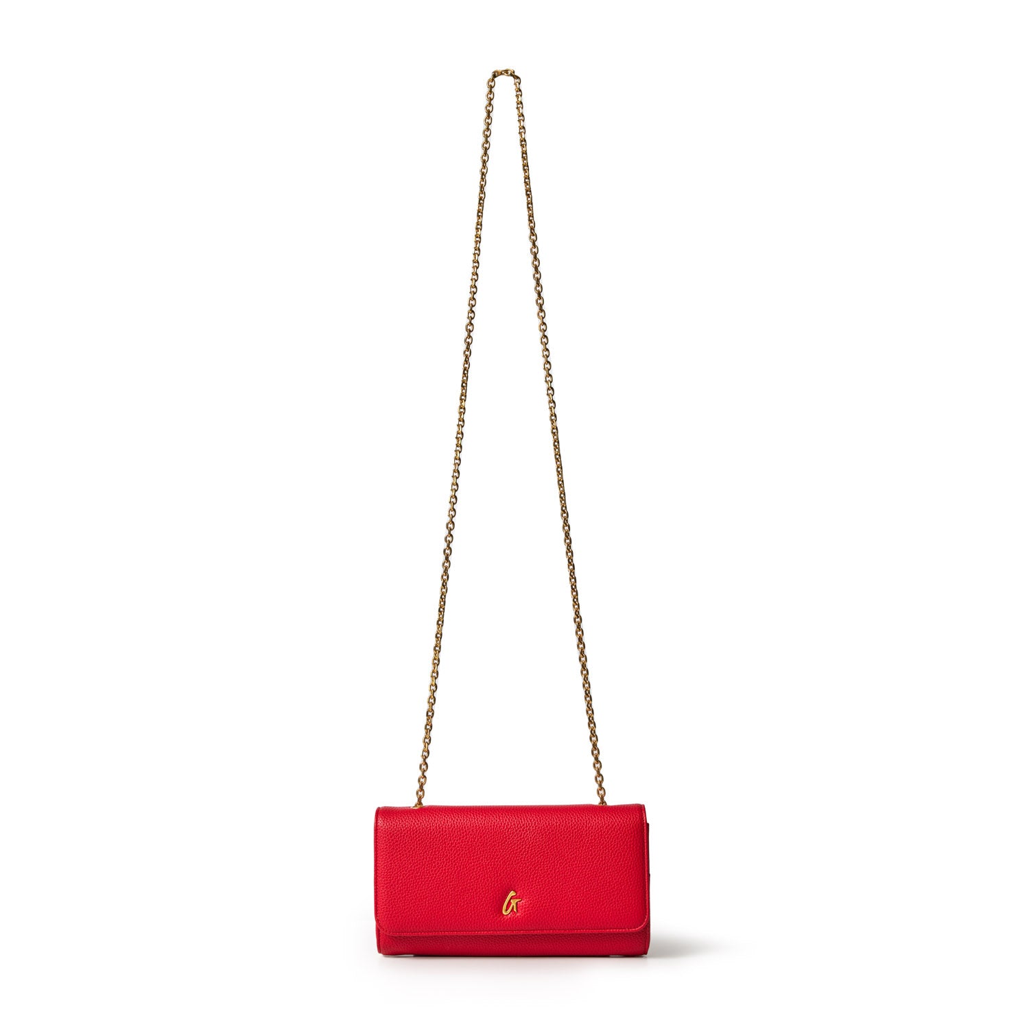 Red Pebble Travel Wallet on a gold chain, designed for travel and stylish storage, with a textured finish and gold logo.