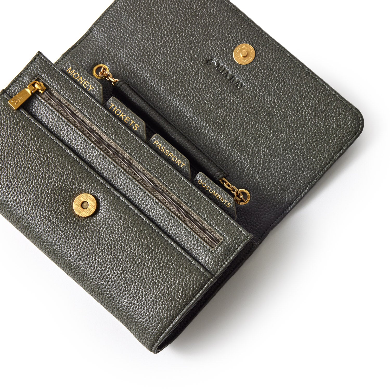 Olive green Pebble Travel Wallet on Card features multiple compartments, gold accents, and textured leather design.
