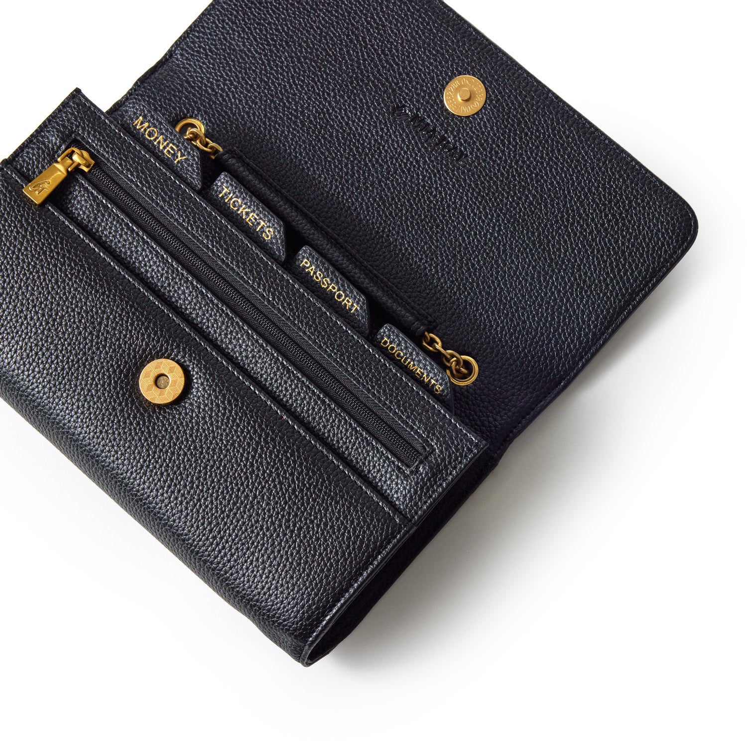 Black Pebble Travel Wallet with gold accents, multiple compartments for passports, tickets, and documents.