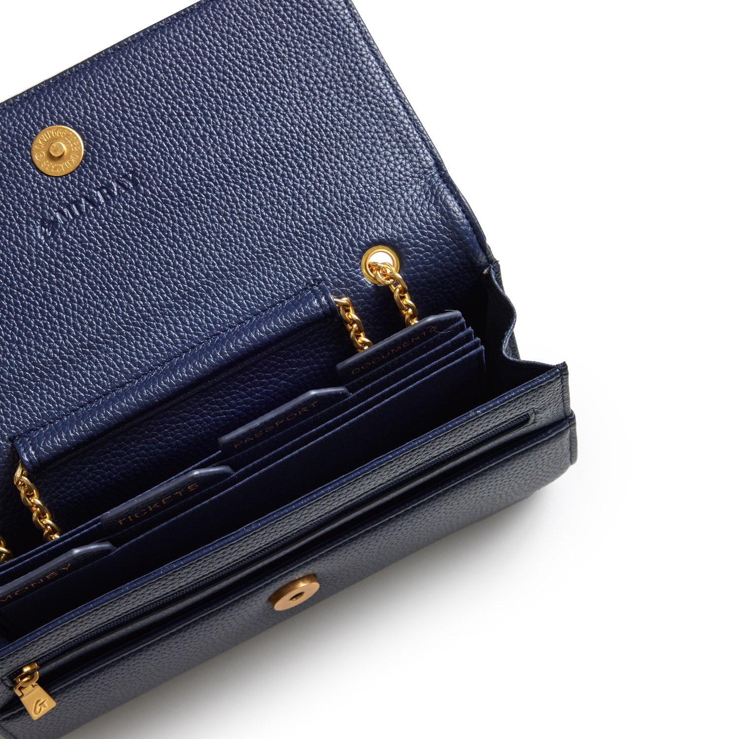 Navy Pebble Travel Wallet with gold chain details and multiple card slots, shown open against a white background.