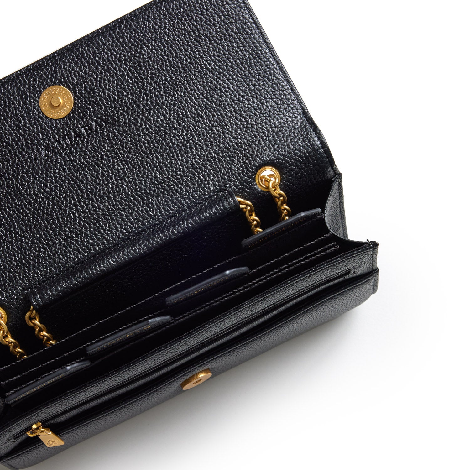 Black Pebble Travel Wallet with gold chain accents, multiple card slots, and a textured leather finish.