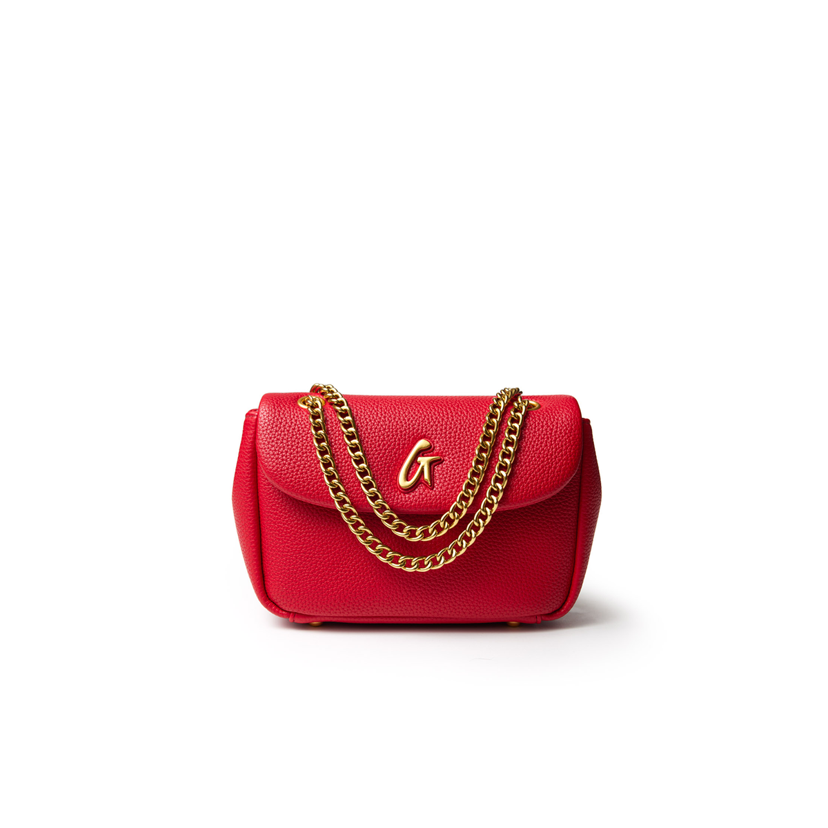 Red mini pebble flap bag with gold chain strap and a gold "G" logo on the front.