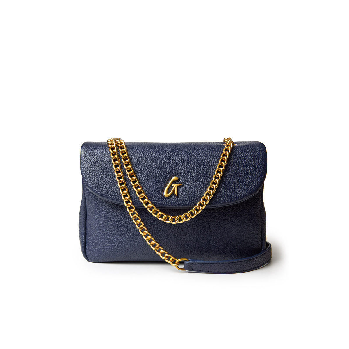 Medium navy pebble leather flap bag with a gold chain strap and gold logo detail on the front.