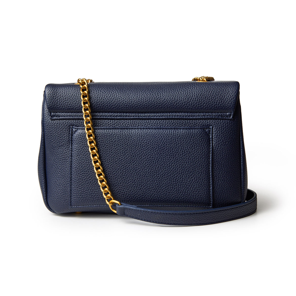Medium navy pebble leather flap bag with a gold chain strap and front pocket, stylish and versatile accessory.