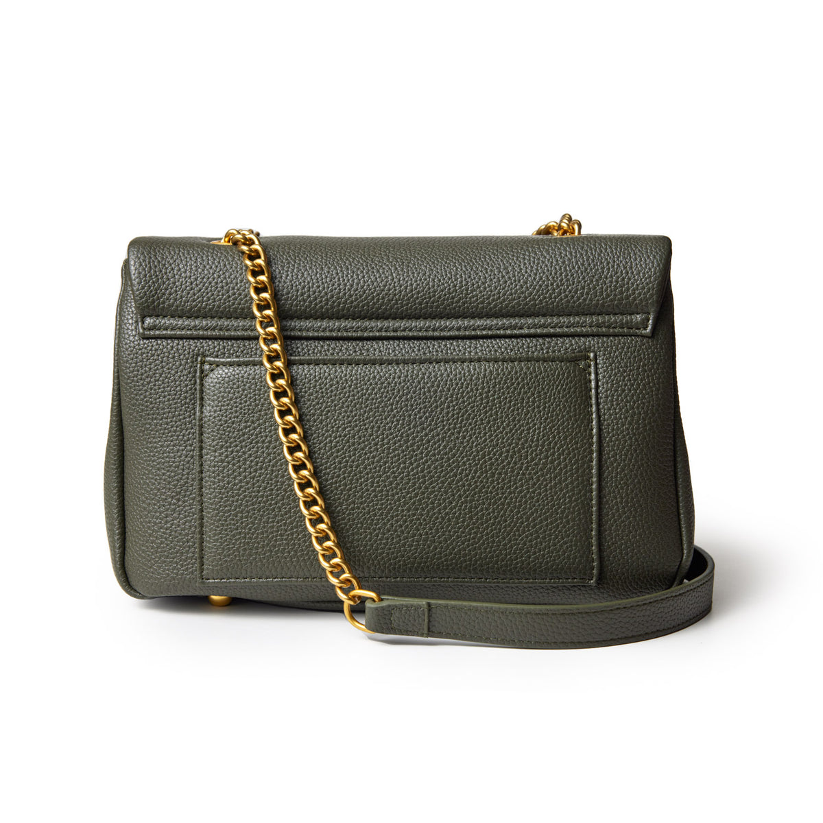 Medium olive green pebble leather flap bag with a gold chain strap and a front pocket, stylish and versatile accessory.