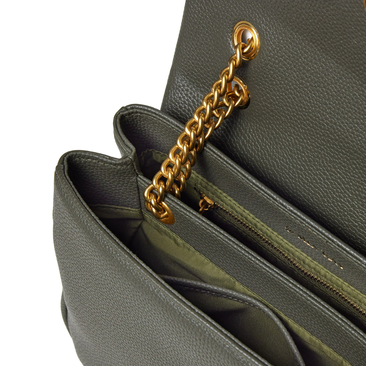 Olive green medium pebble flap bag with a gold chain strap and interior zip pocket.