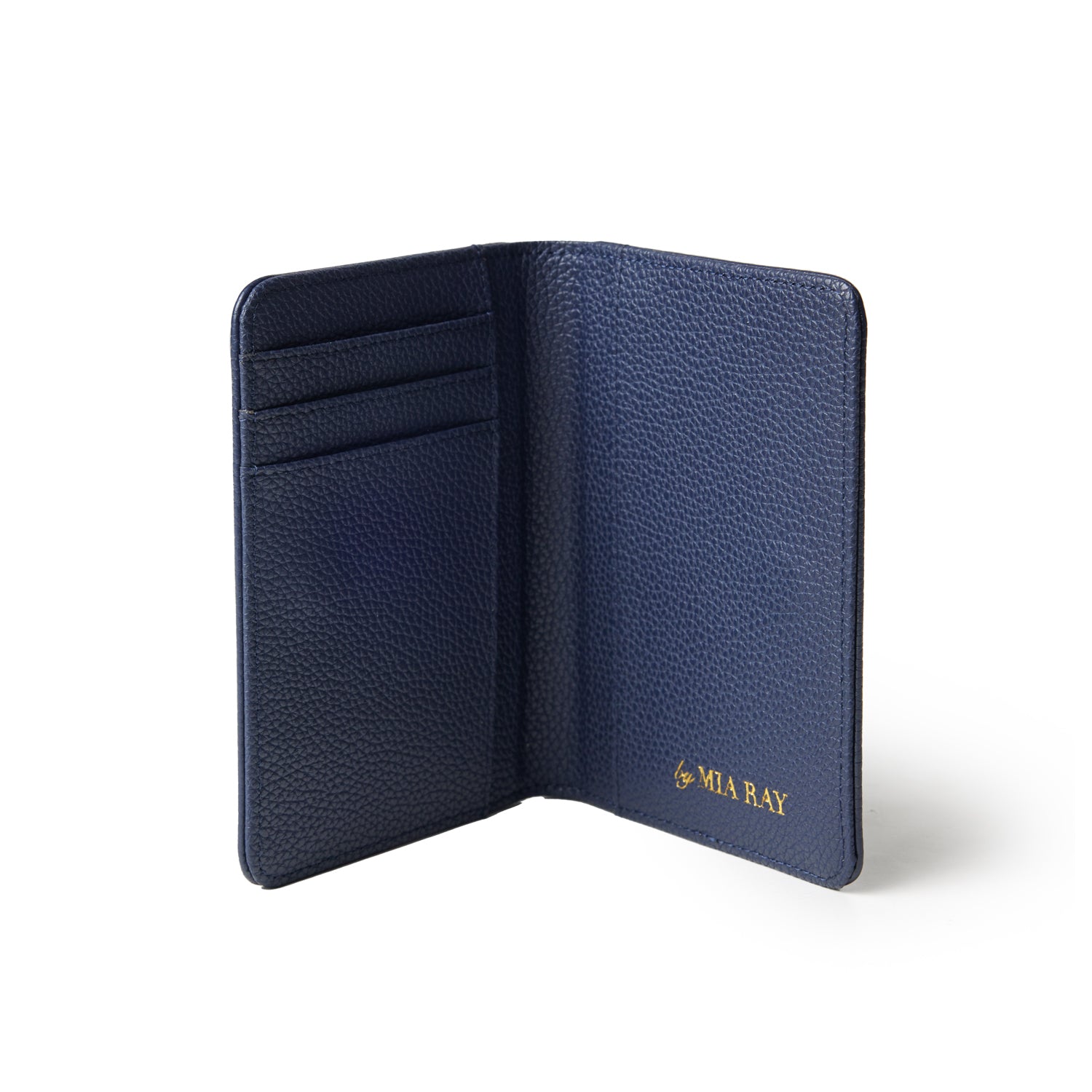 Navy blue Pebble leather passport holder with card slots and gold "by MIA RAY" branding inside.