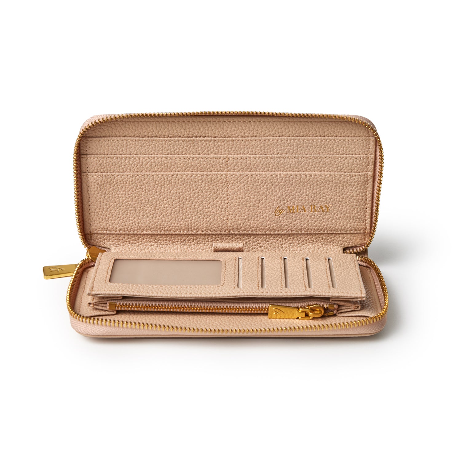 Open nude-colored pebble leather wallet with multiple card slots, a clear ID window, and a gold zipper.