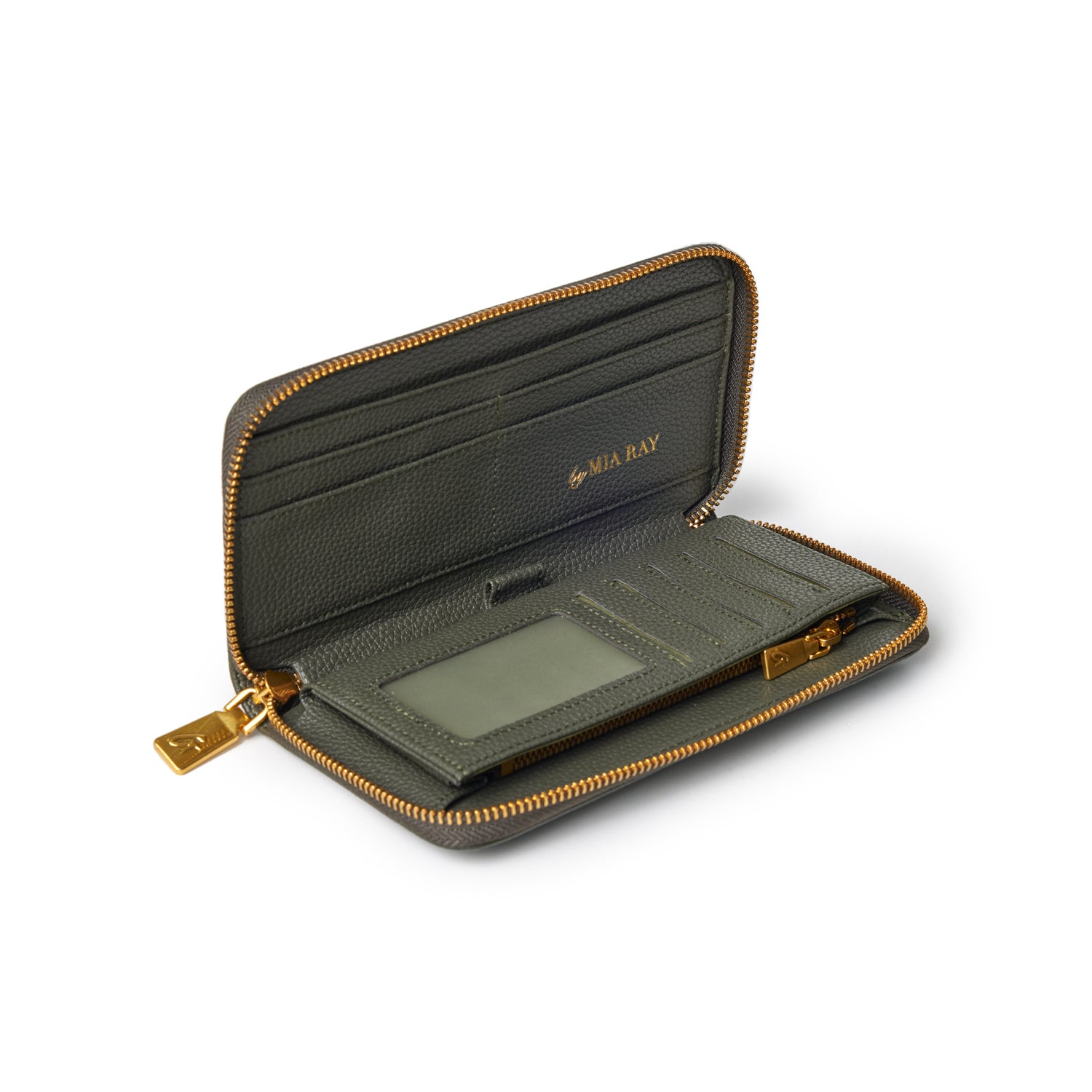 Olive green jumbo pebble wallet with gold zipper, multiple card slots, and clear ID window, open to show interior details.