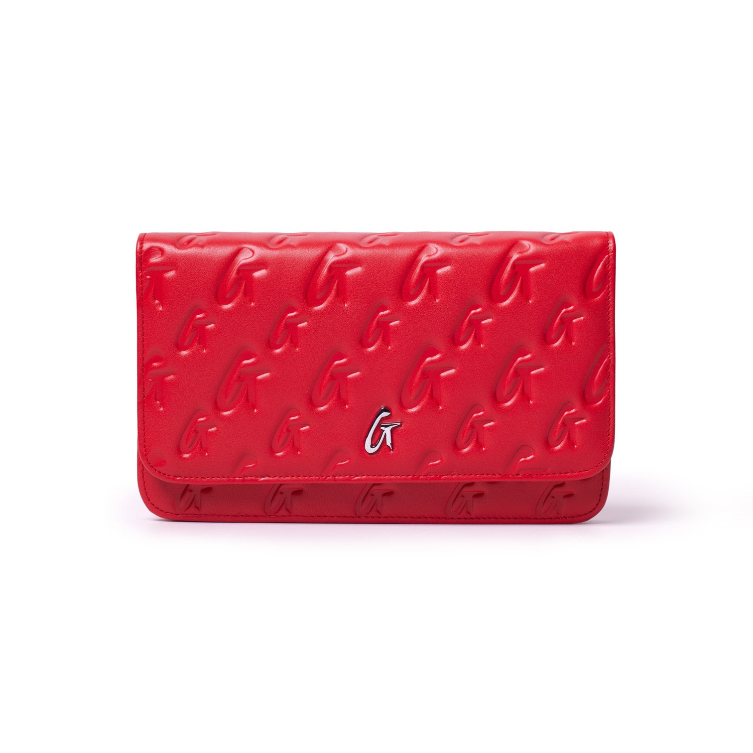 Red Monogram Silver WOC clutch with embossed G pattern and a small silver G logo on the front.