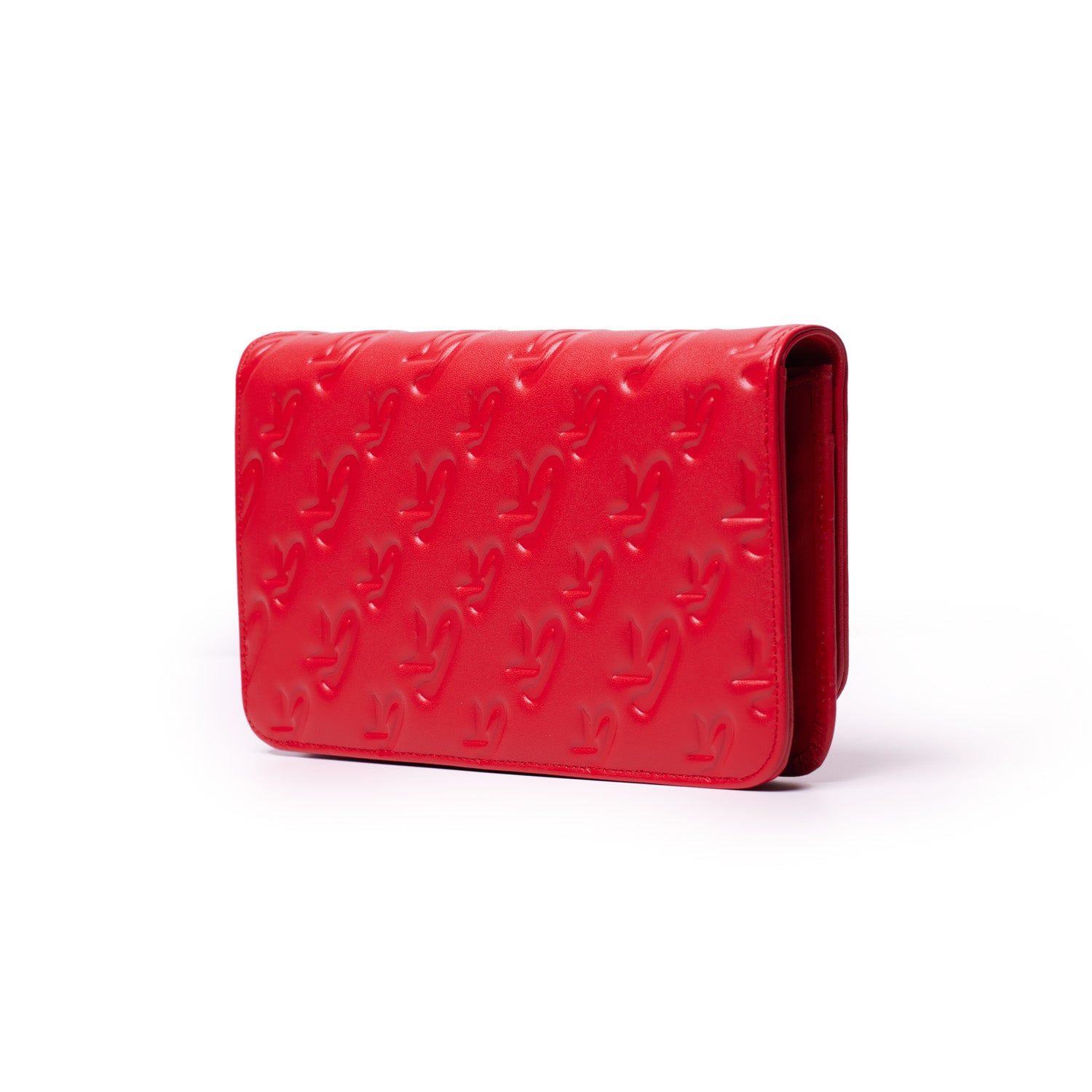 Red Monogram Silver WOC wallet with embossed logo pattern, sleek design, and compact size.