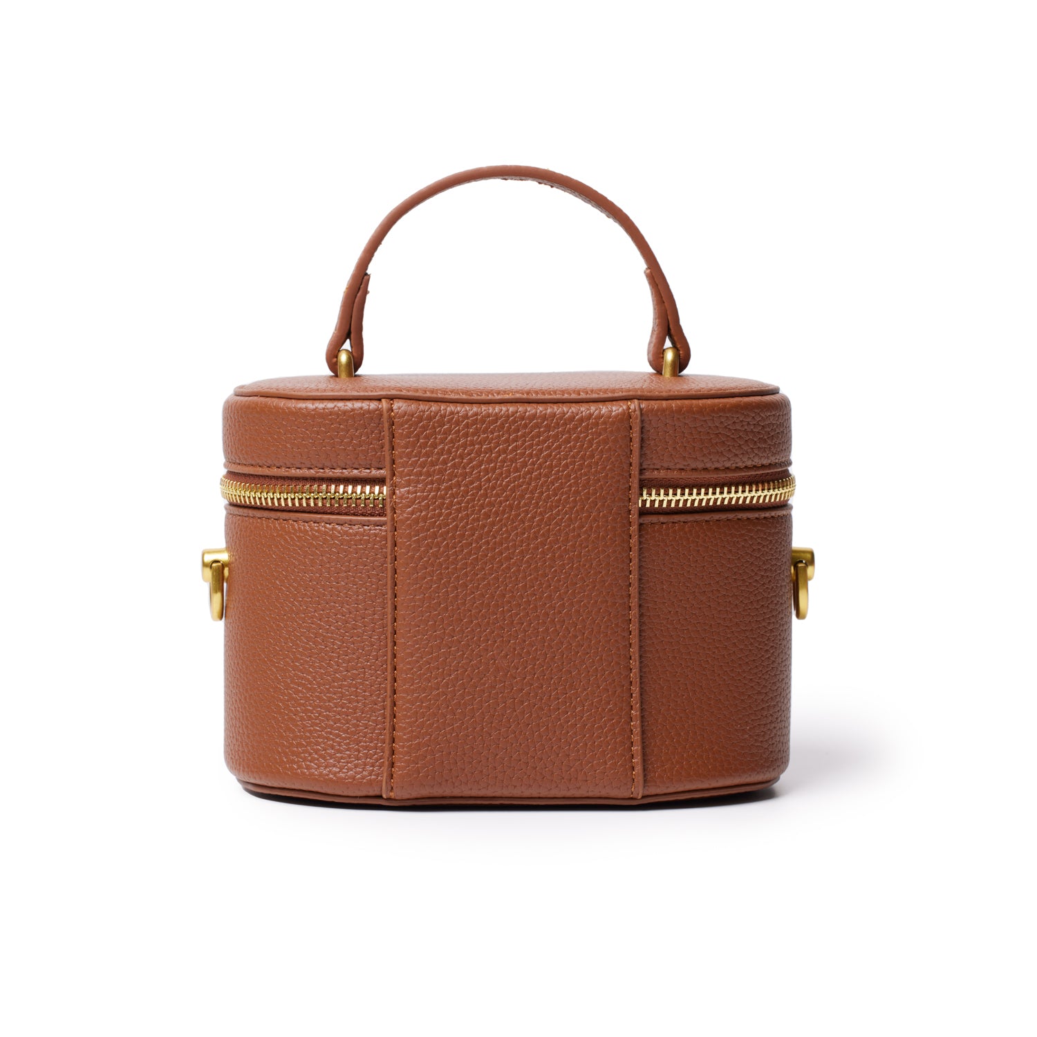 Mini pebble brown vanity bag with a top handle, gold zipper, and side rings, crafted from textured leather.
