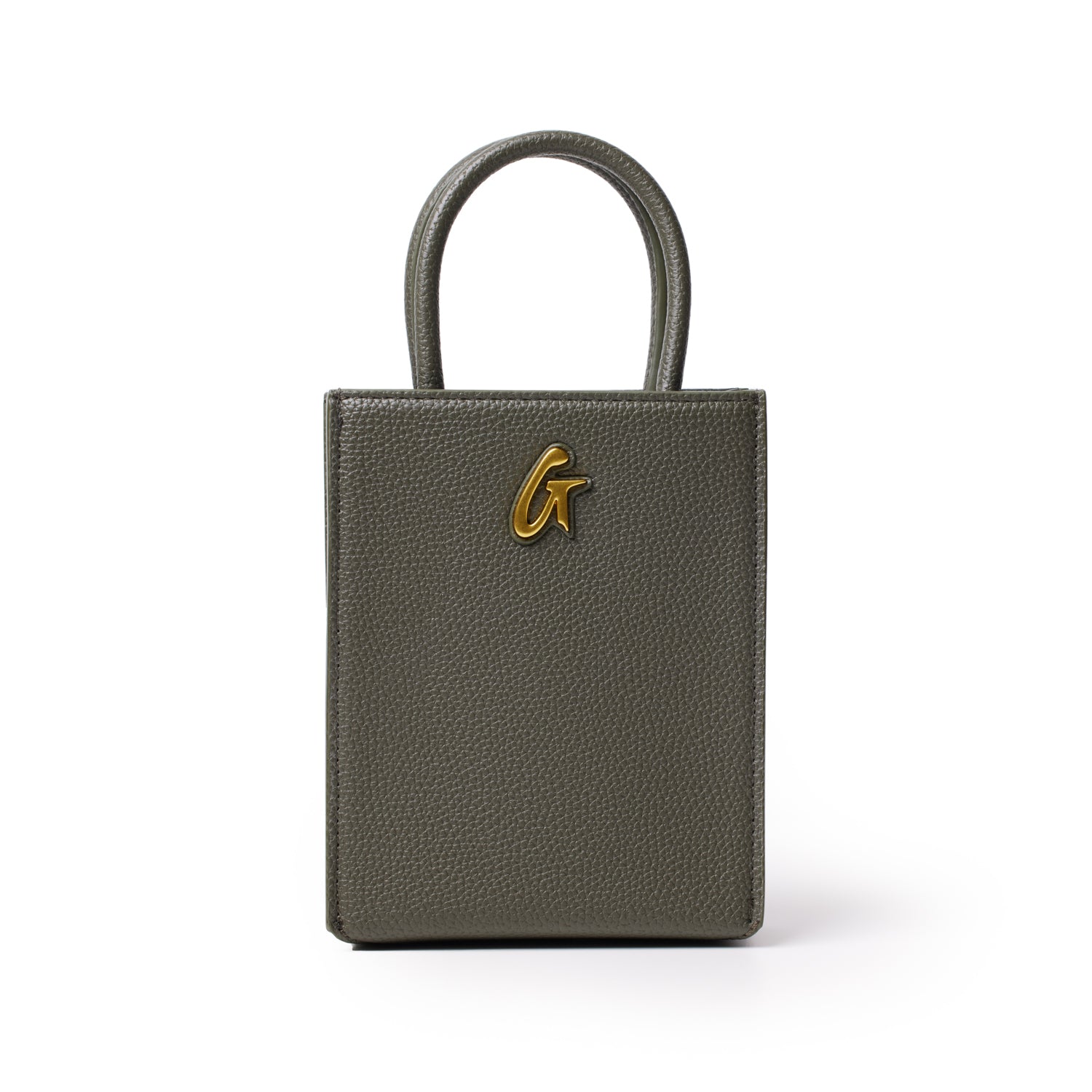 Mini pebble tote bag in olive green with a gold "G" logo, featuring textured leather and a small, structured design.